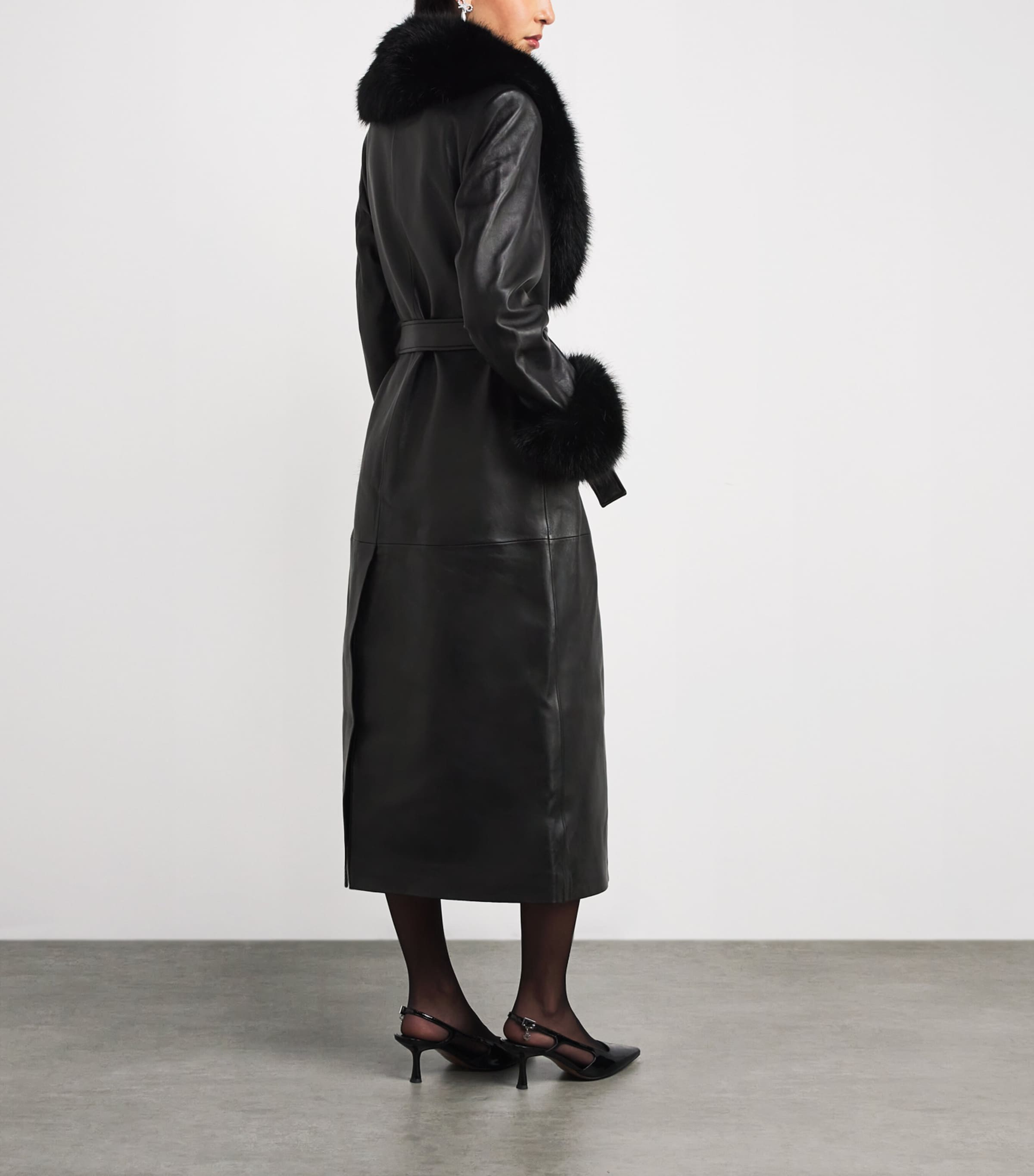 Leather Faux Fur-Trim Coat BLACK Image 3