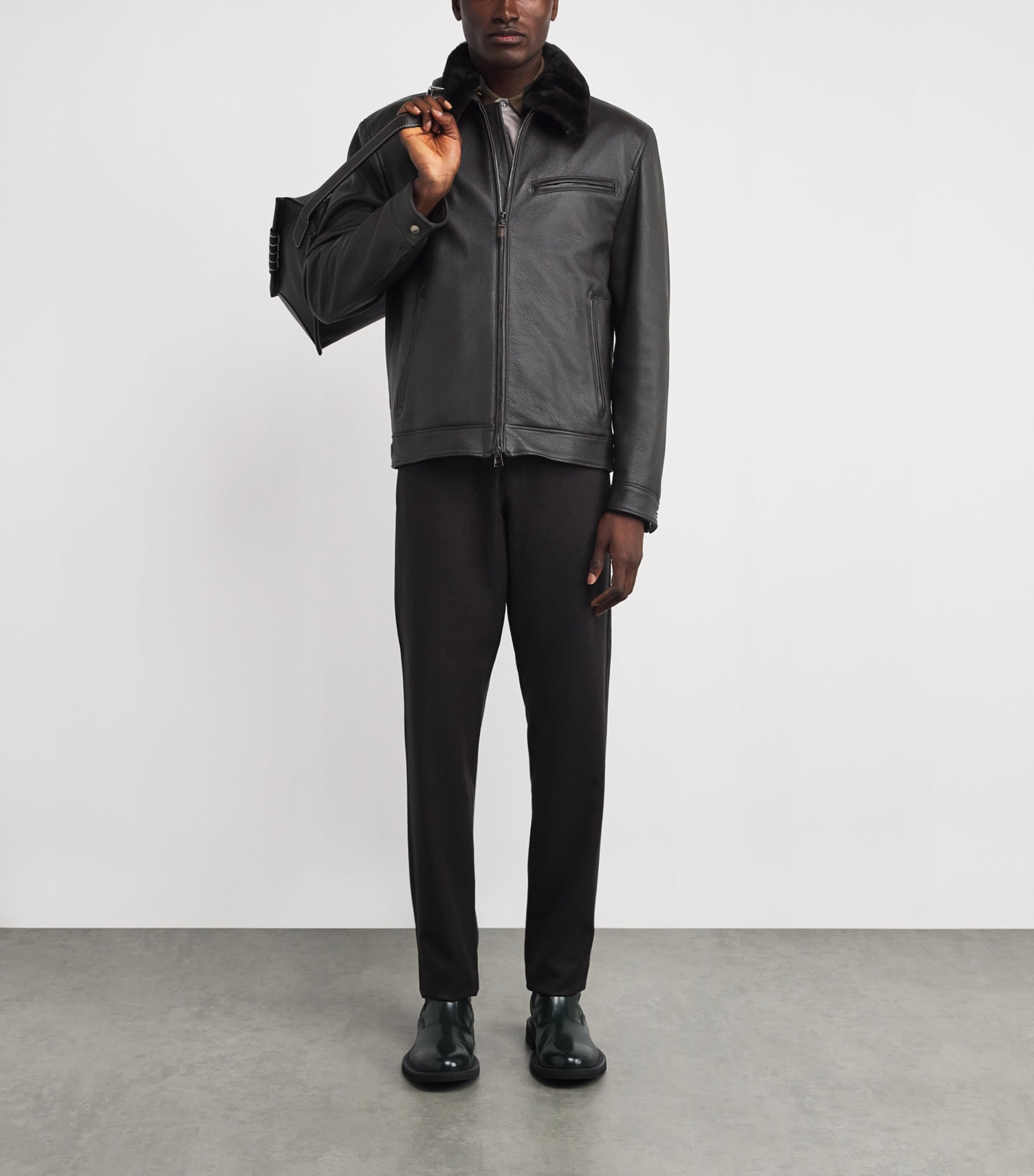 Canali Mens Leather Fur-Collar Jacket Image 2