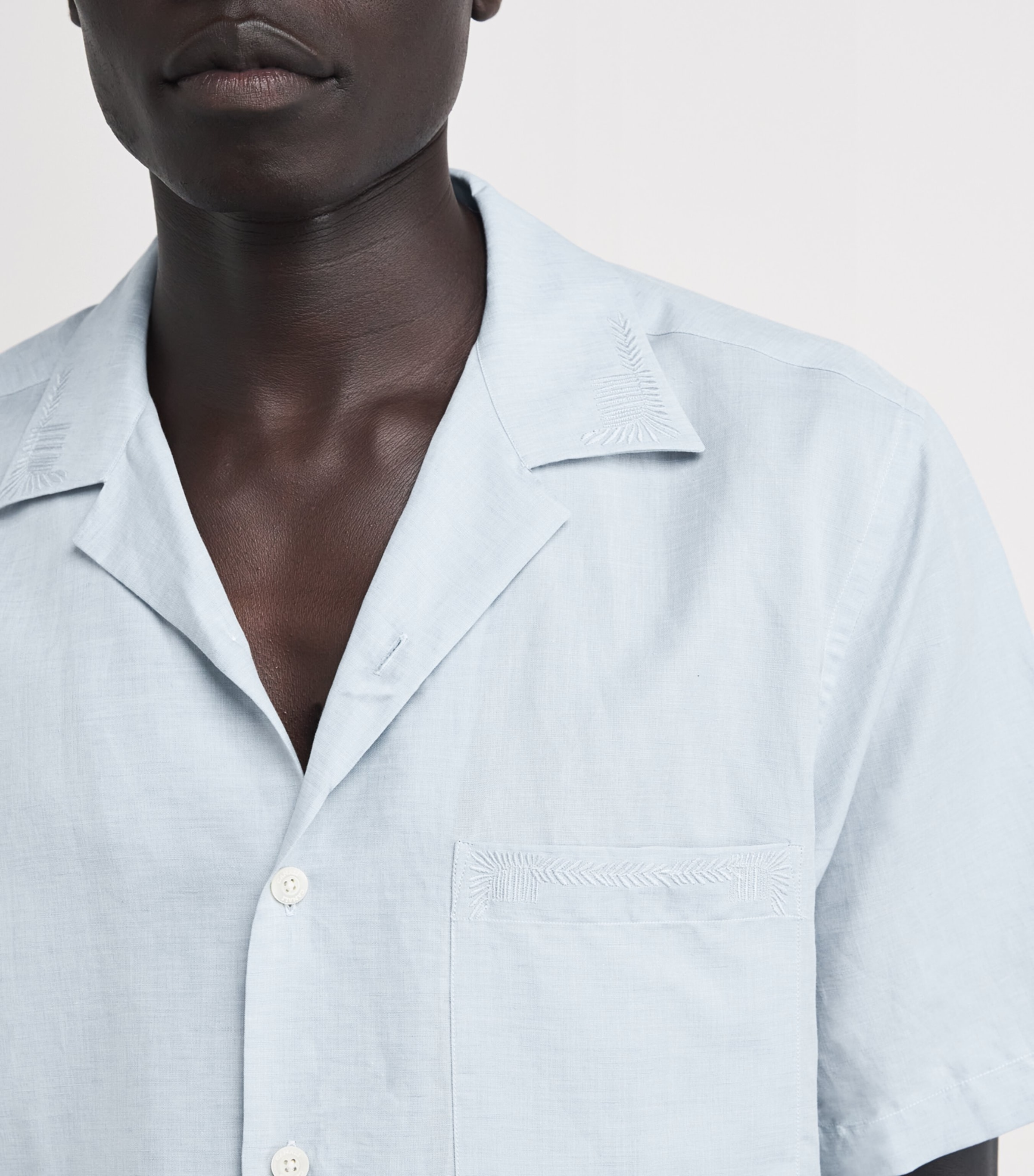 Canali Mens Linen-Cotton Embroidered Shirt Light Blue Image 6