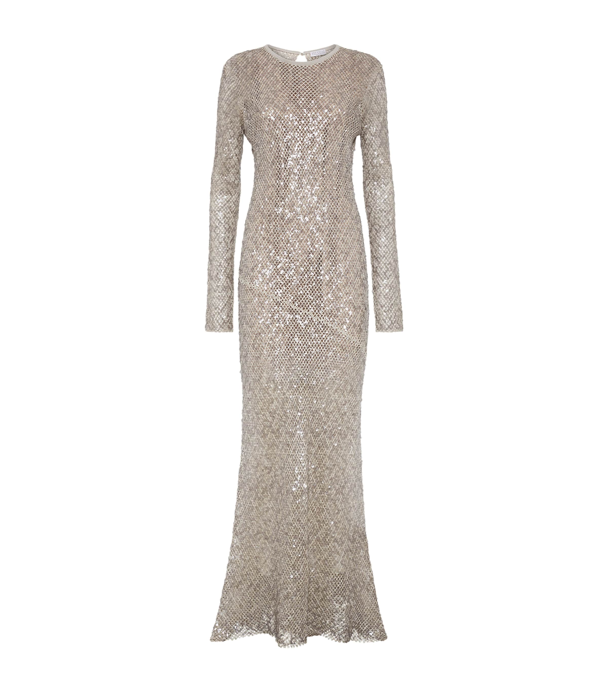 Brunello Cucinelli Women Dazzling Net Embroidery Knit Dress In Linen And Silk In Beige
