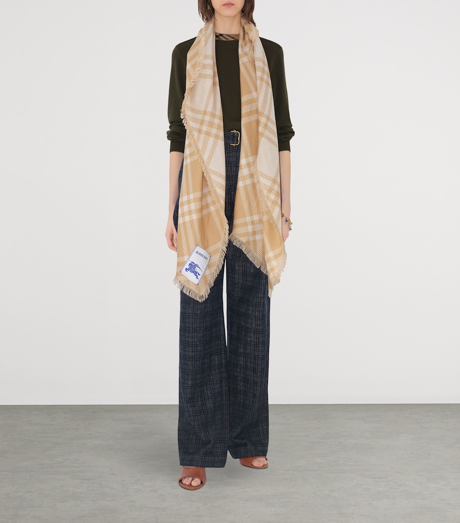 Wool-Silk Wide Check Scarf SAND/ECRU Image 3