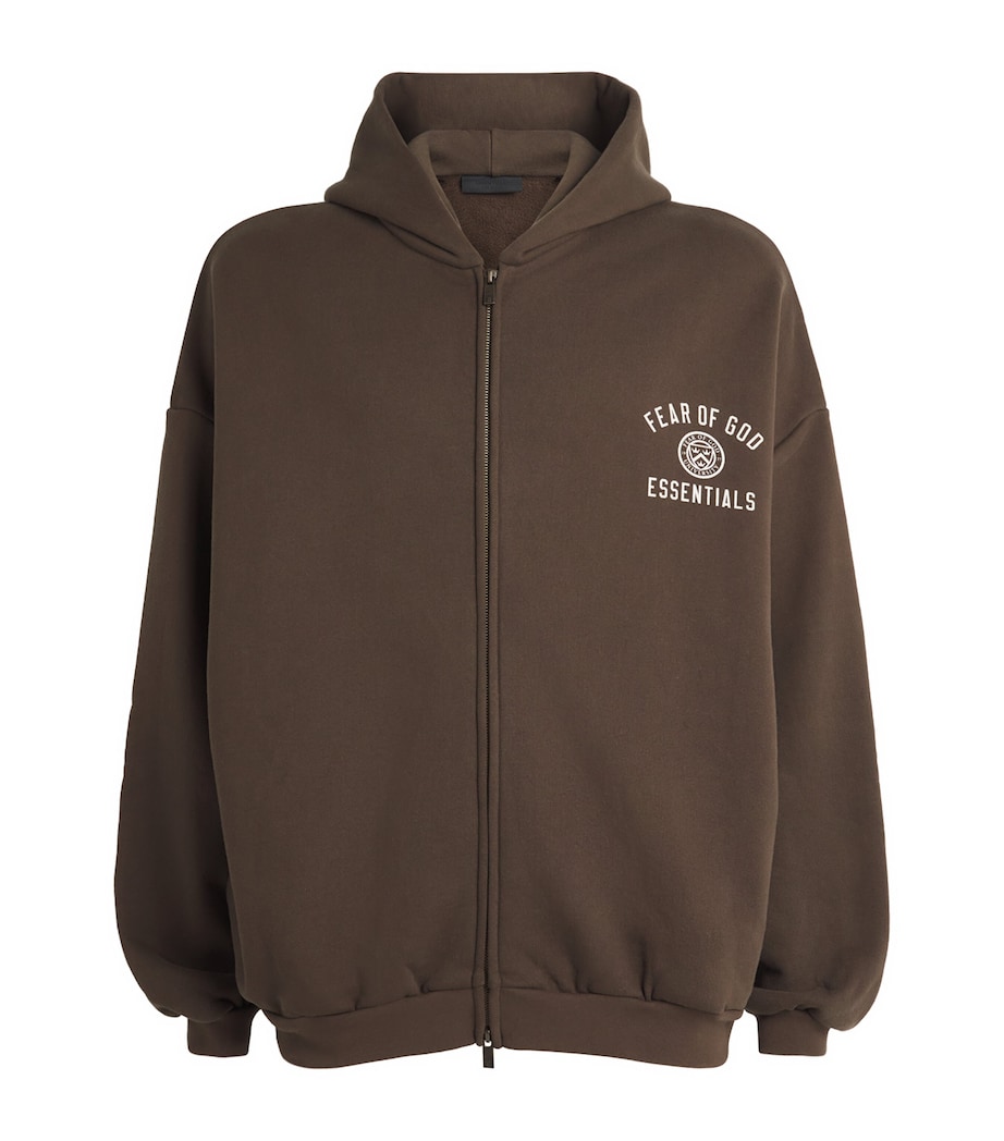 FEAR OF GOD ESSENTIALS Mens University Crest Zip-Up Hoodie Brown Image 1