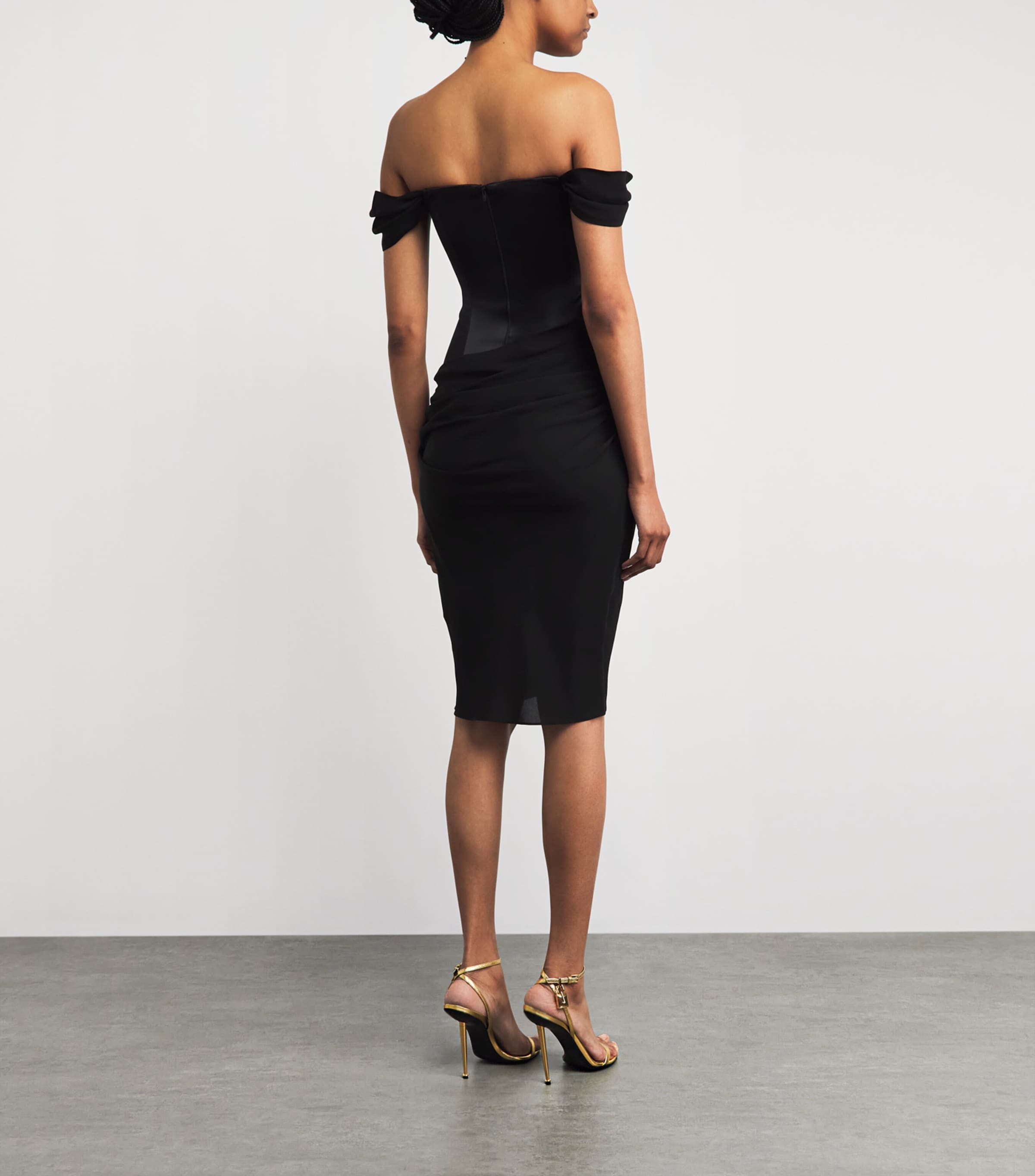 Alex Perry Womens Satin Off-The-Shoulder Corset Midi Dress Black Image 4