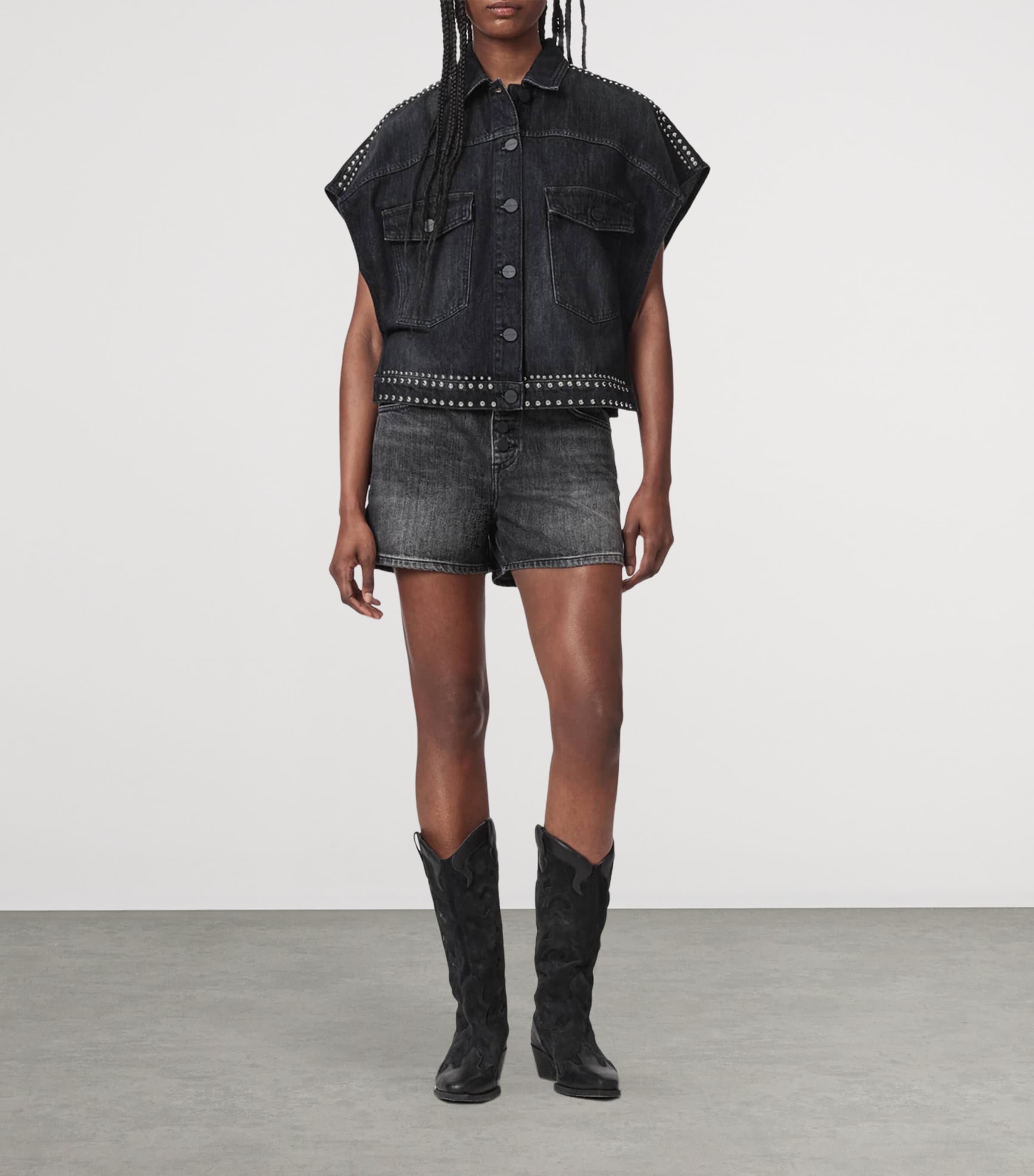 AllSaints Womens Alba Sleeveless Denim Shirt Shadow Black Image 2