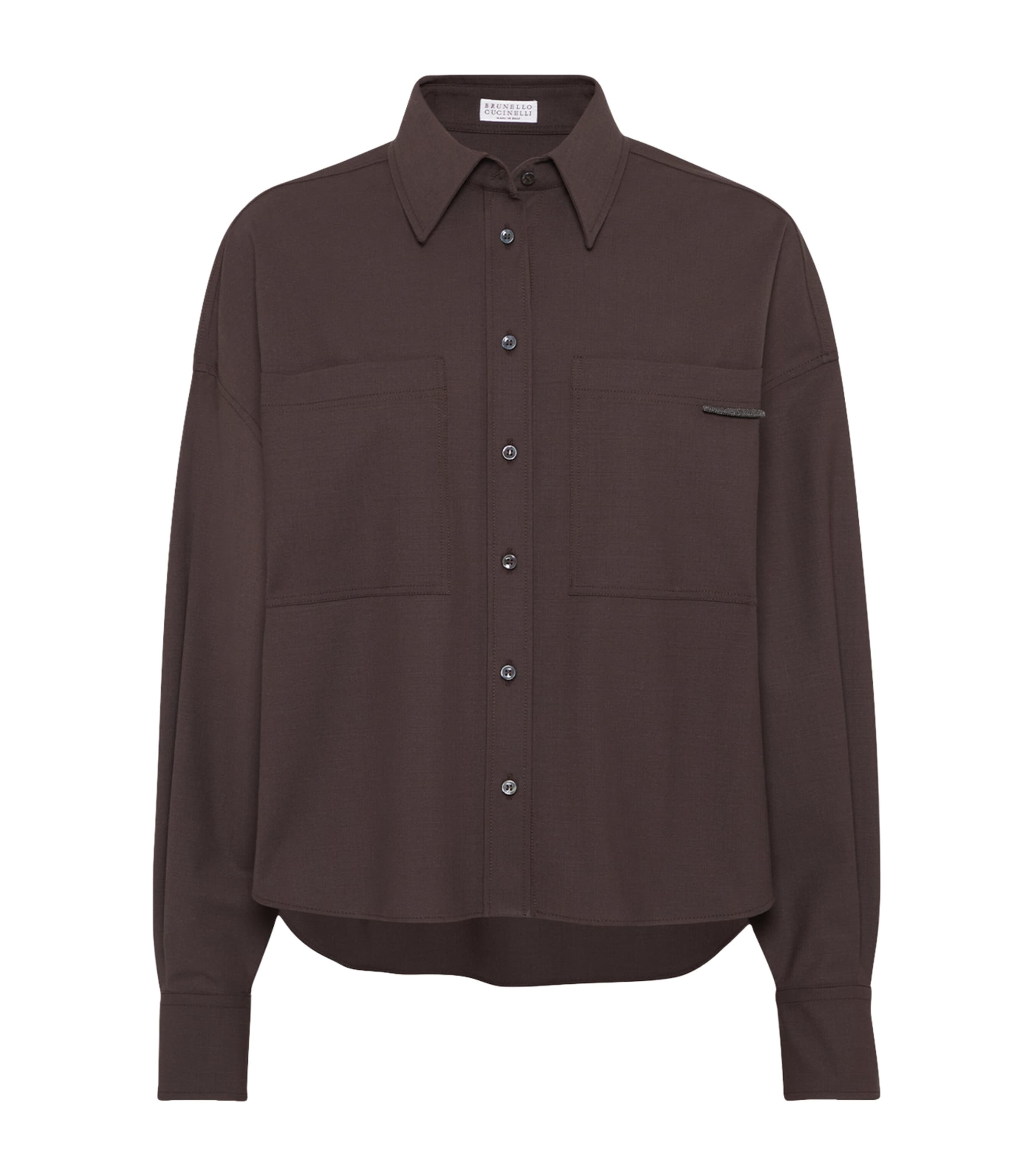Brunello Cucinelli Virgin Wool-blend Monili-tab Shirt In Brown