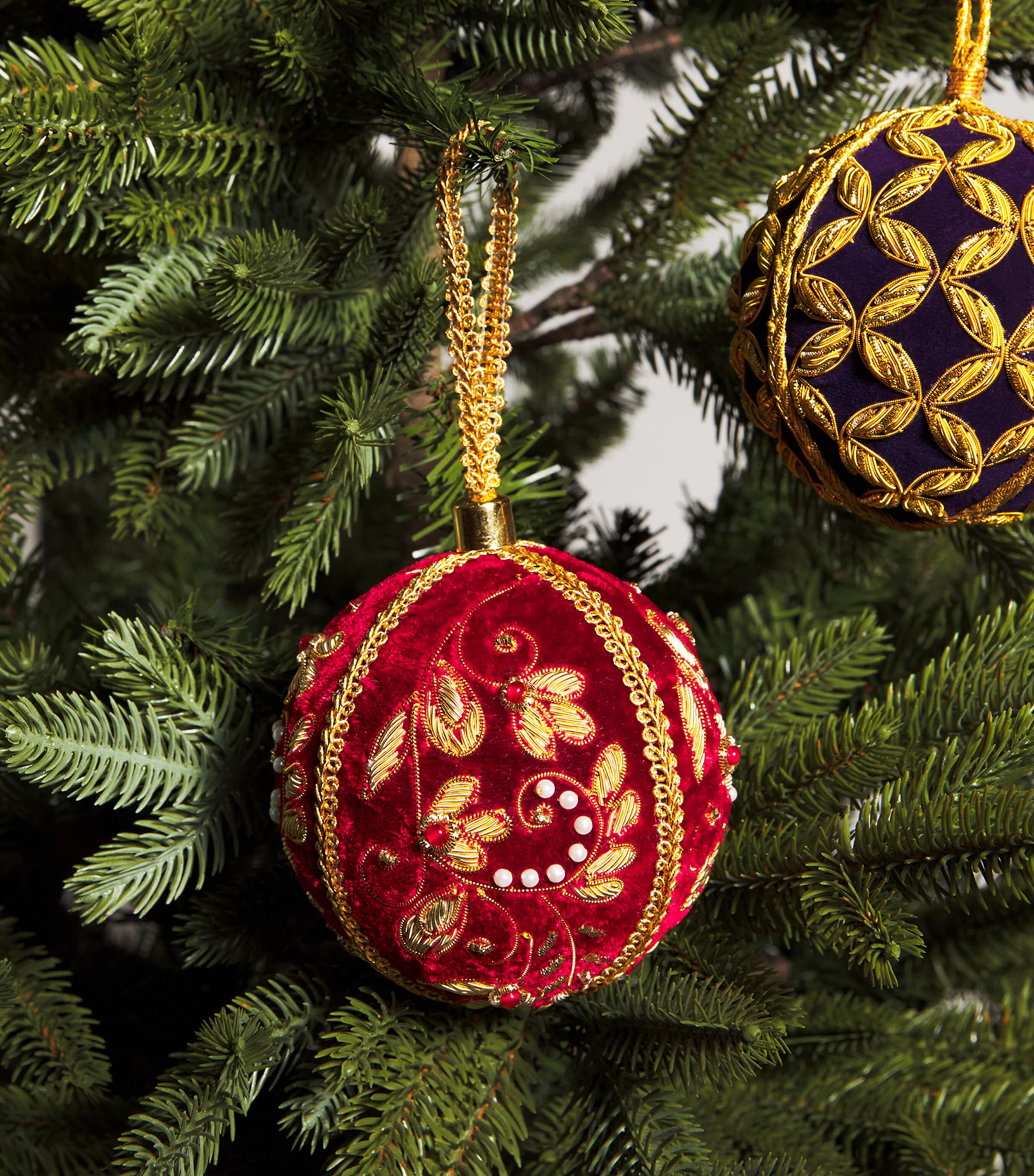 Harrods Velvet Floral-Embroidered Bauble Red Image 2