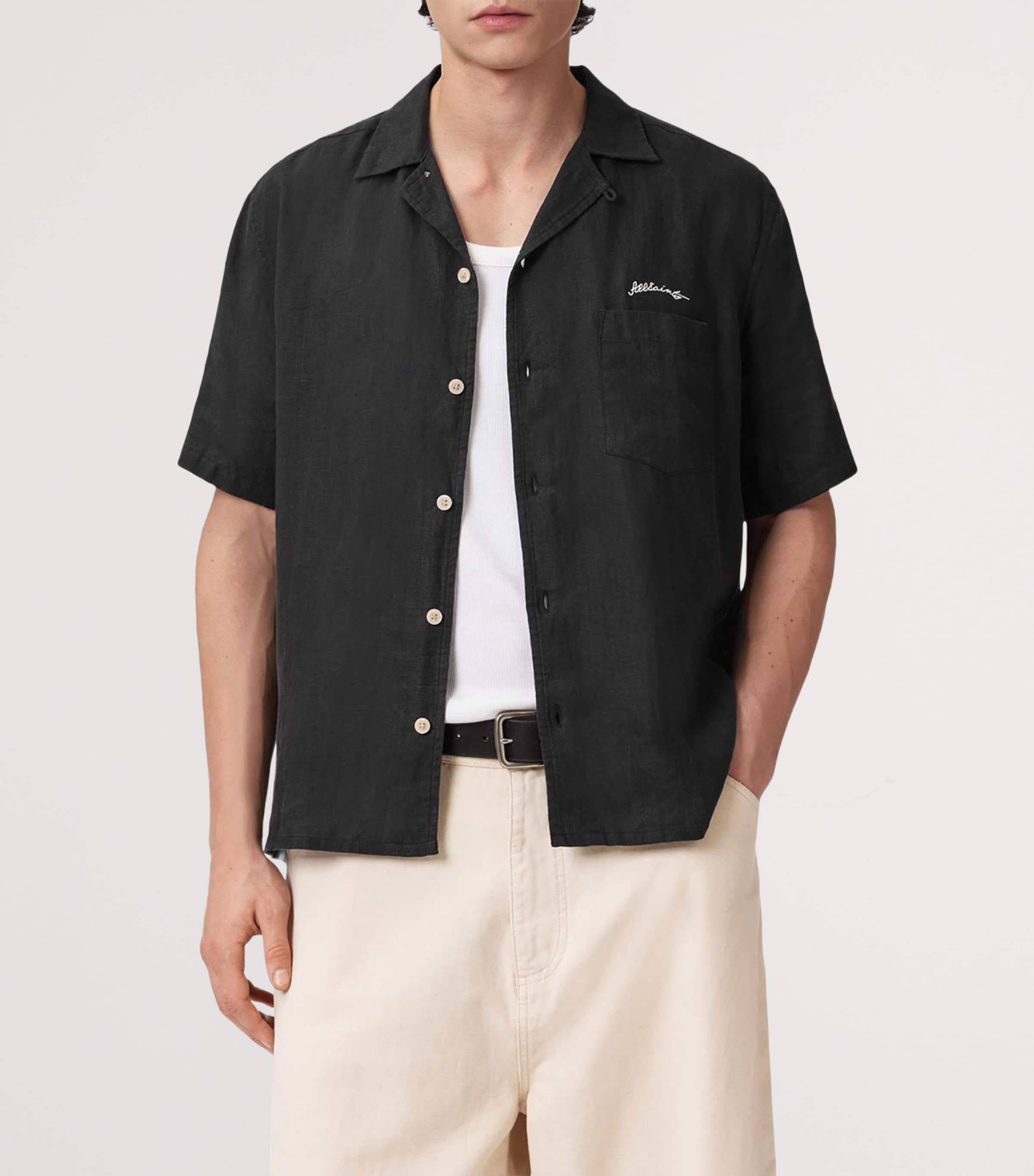 AllSaints Mens Linen Embroidered Wilder Shirt Black Image 4