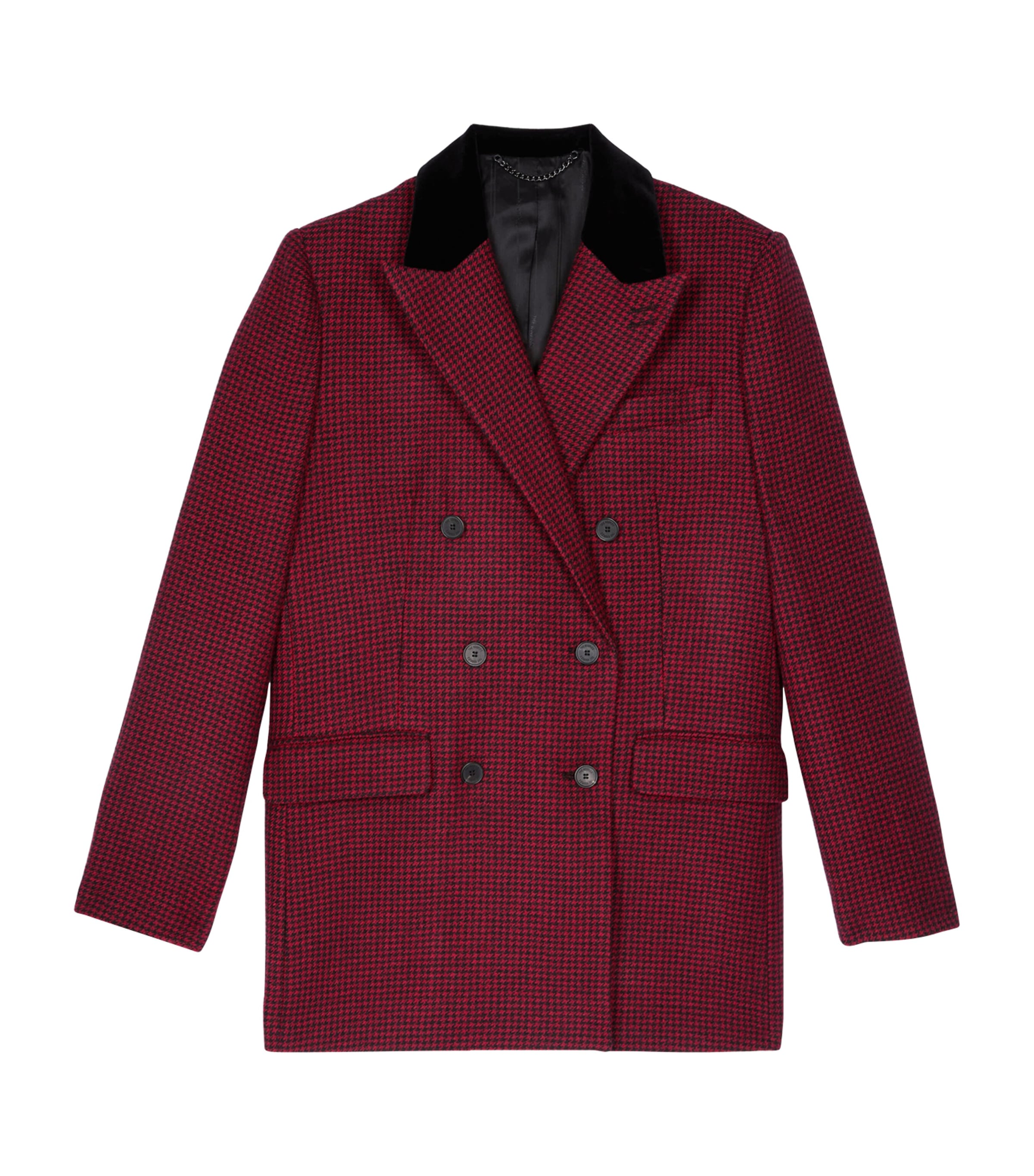 The Kooples Womens Black - Red Peak-lapel Double-breasted Houndstooth Wool Blazer In Black