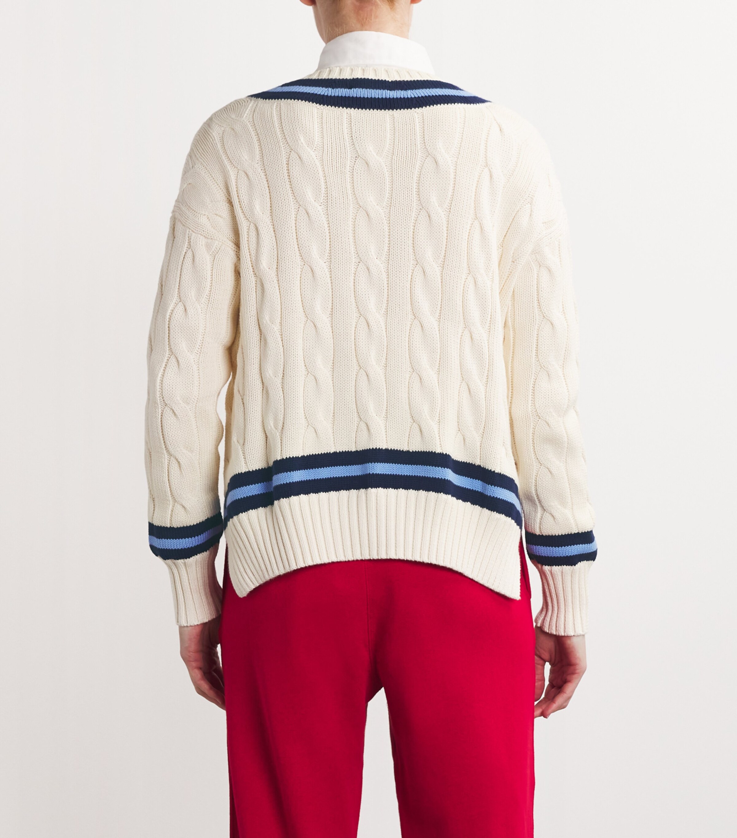 Polo Ralph Lauren Womens Cable-Knit Cricket Sweater Cream W/ Navy Stripe Image 4