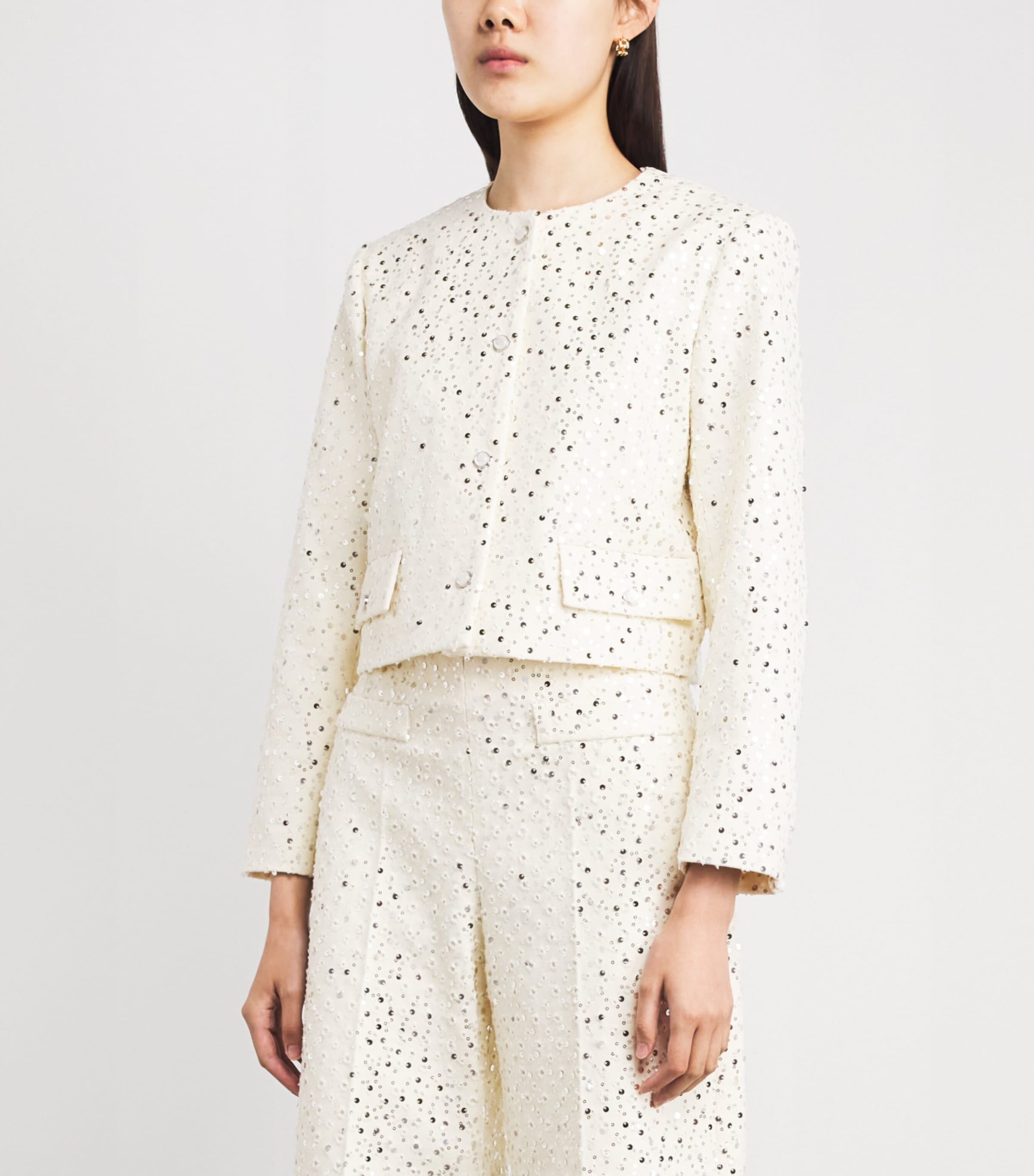 Sandro Paris Womens Cotton-Blend Sequin Cropped Jacket Ecru Image 4