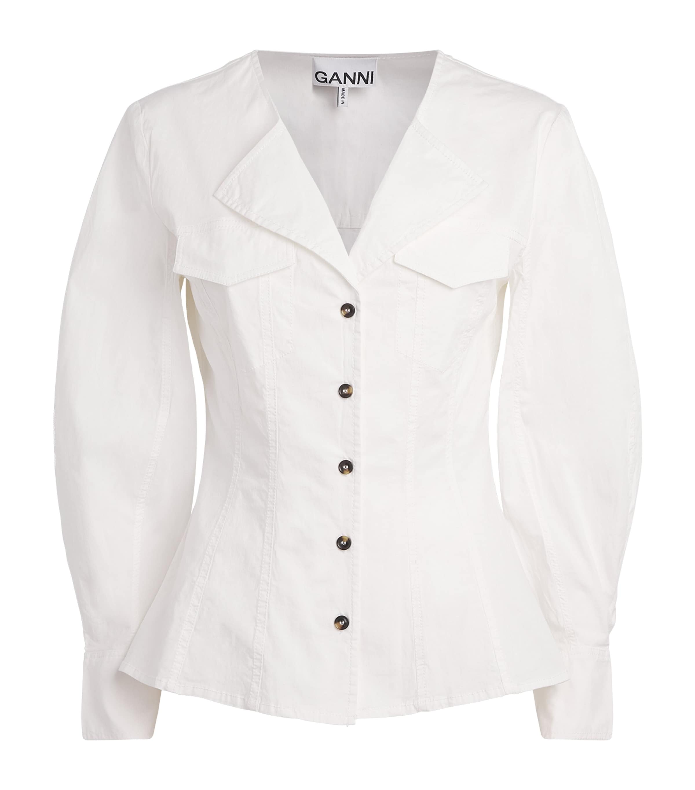 GANNI Womens Stretch-Cotton V-Neck Shirt Bright White Image 1