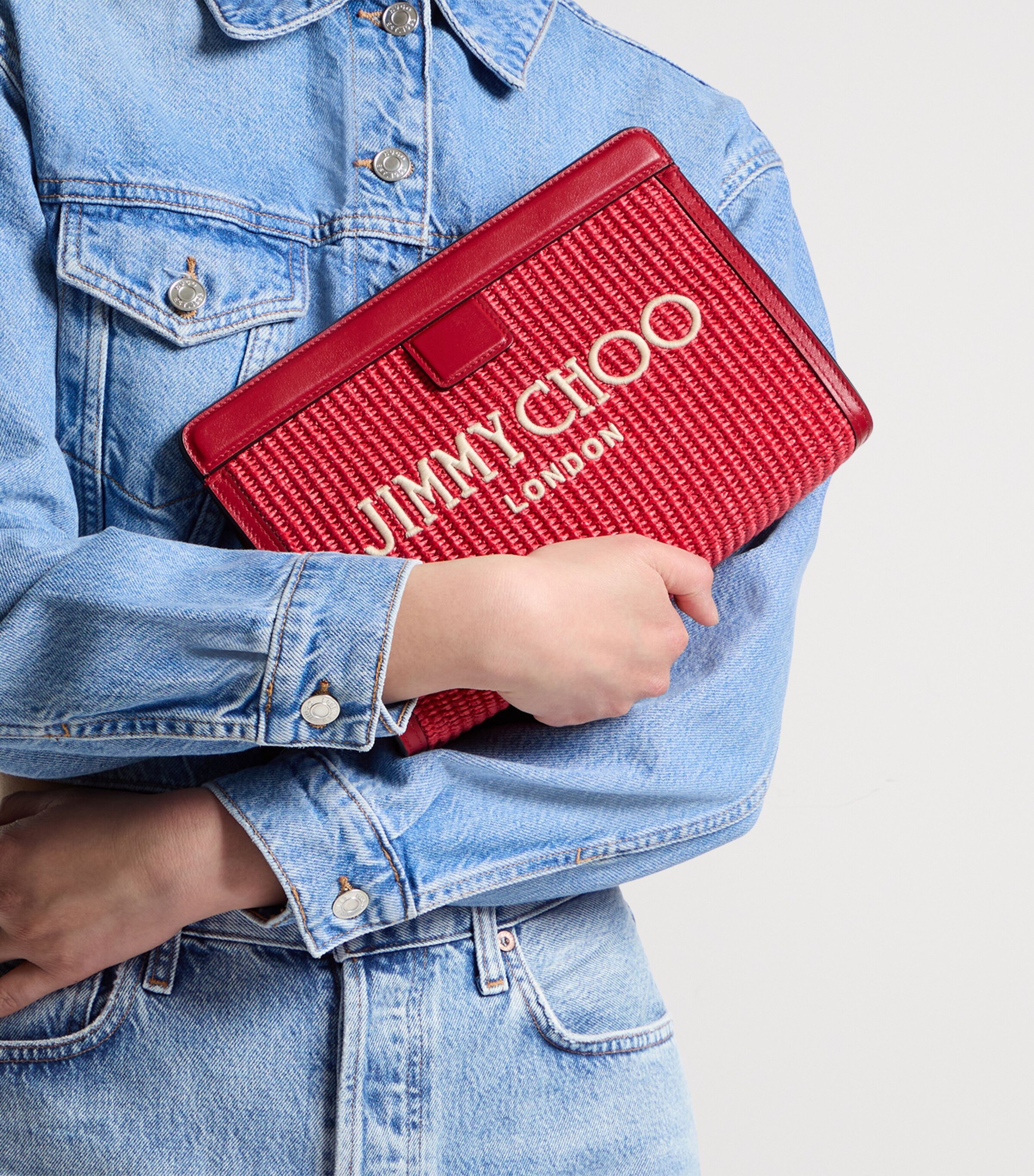Jimmy Choo Raffia Leather-Trim Avenue Pouch Ruby Red/light Gold Image 2