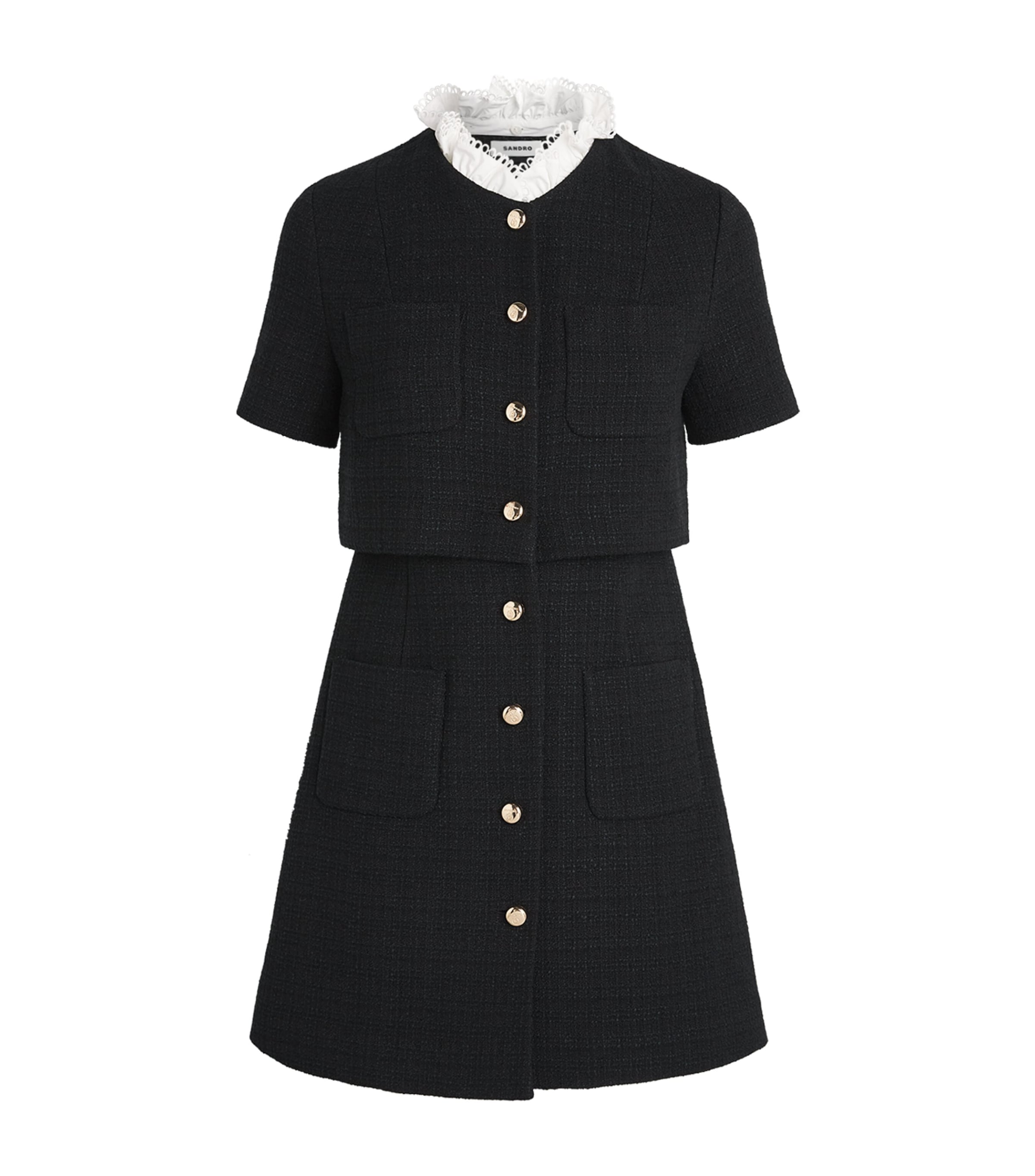 Sandro Tweed Ruffle Collar Mini Dress In Black