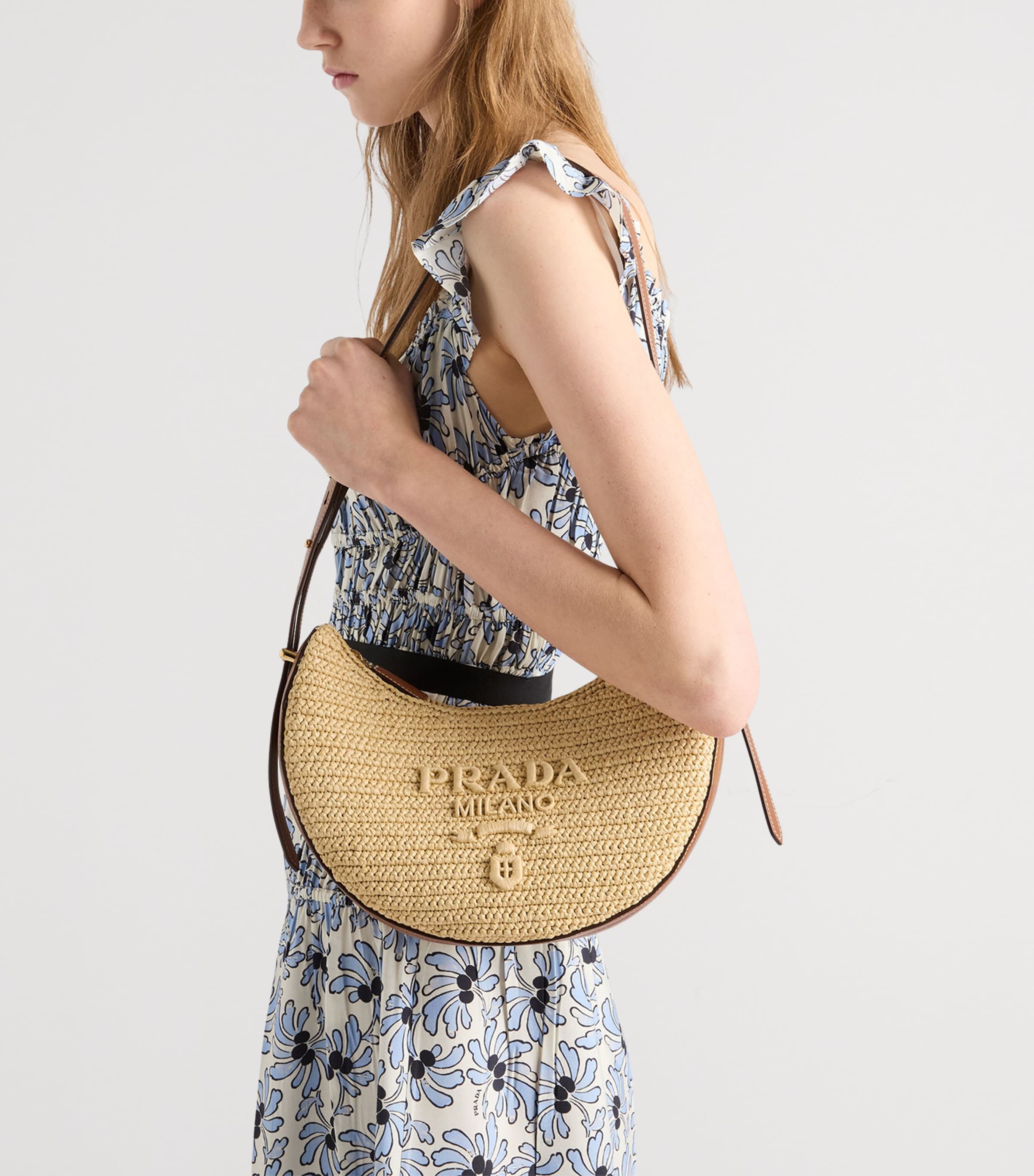 Prada Crochet-Leather Small Arqué Shoulder Bag Neutral Image 3