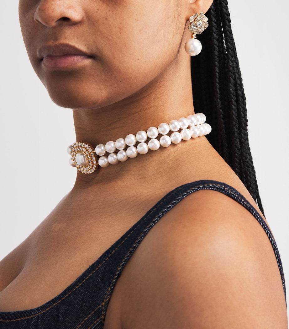 Self-Portrait Crystal and Faux Pearl Flower Earrings Gold Image 4