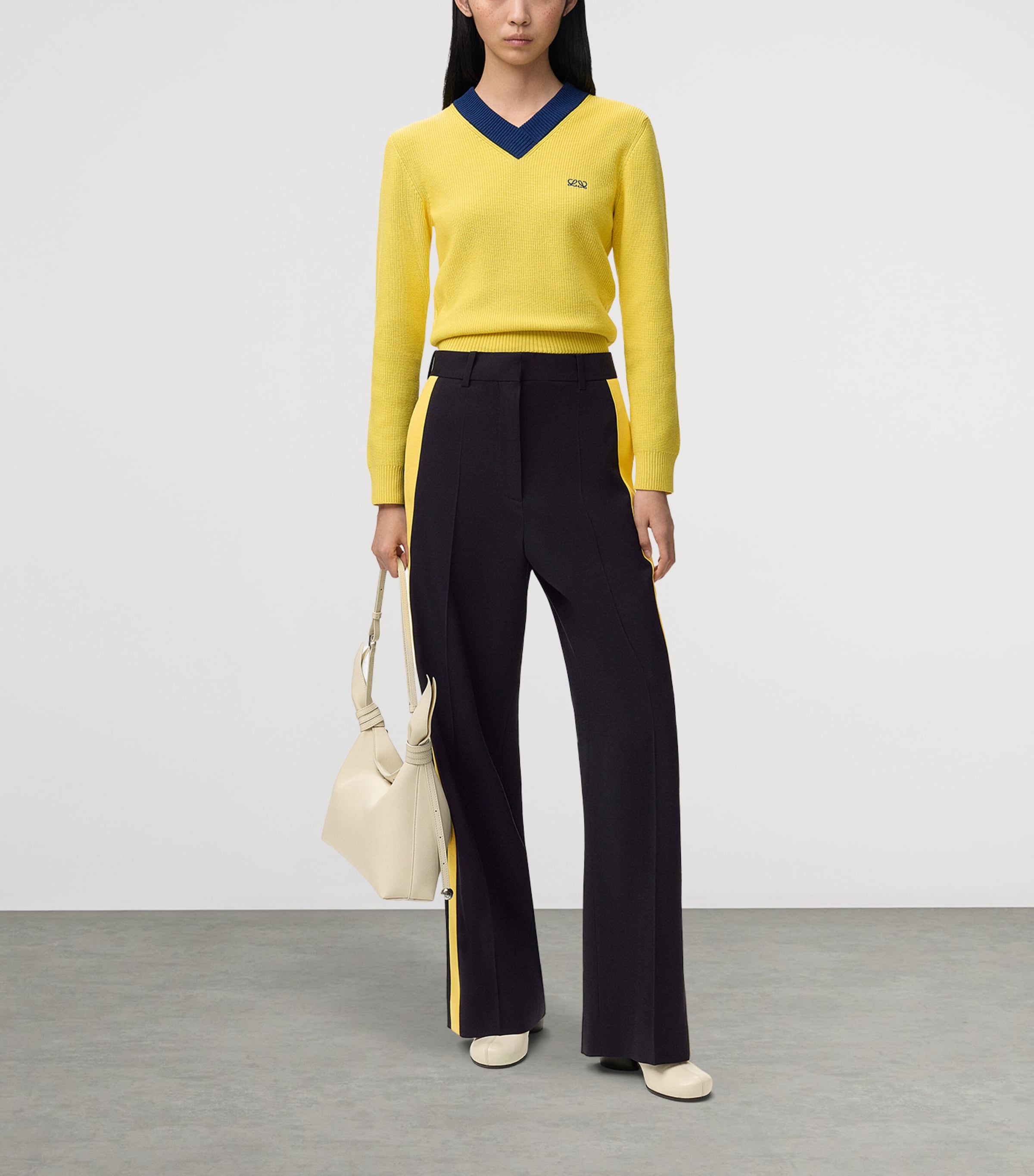 LOEWE Womens Tape-Trim Tailored Trousers Navy/yellow Image 2