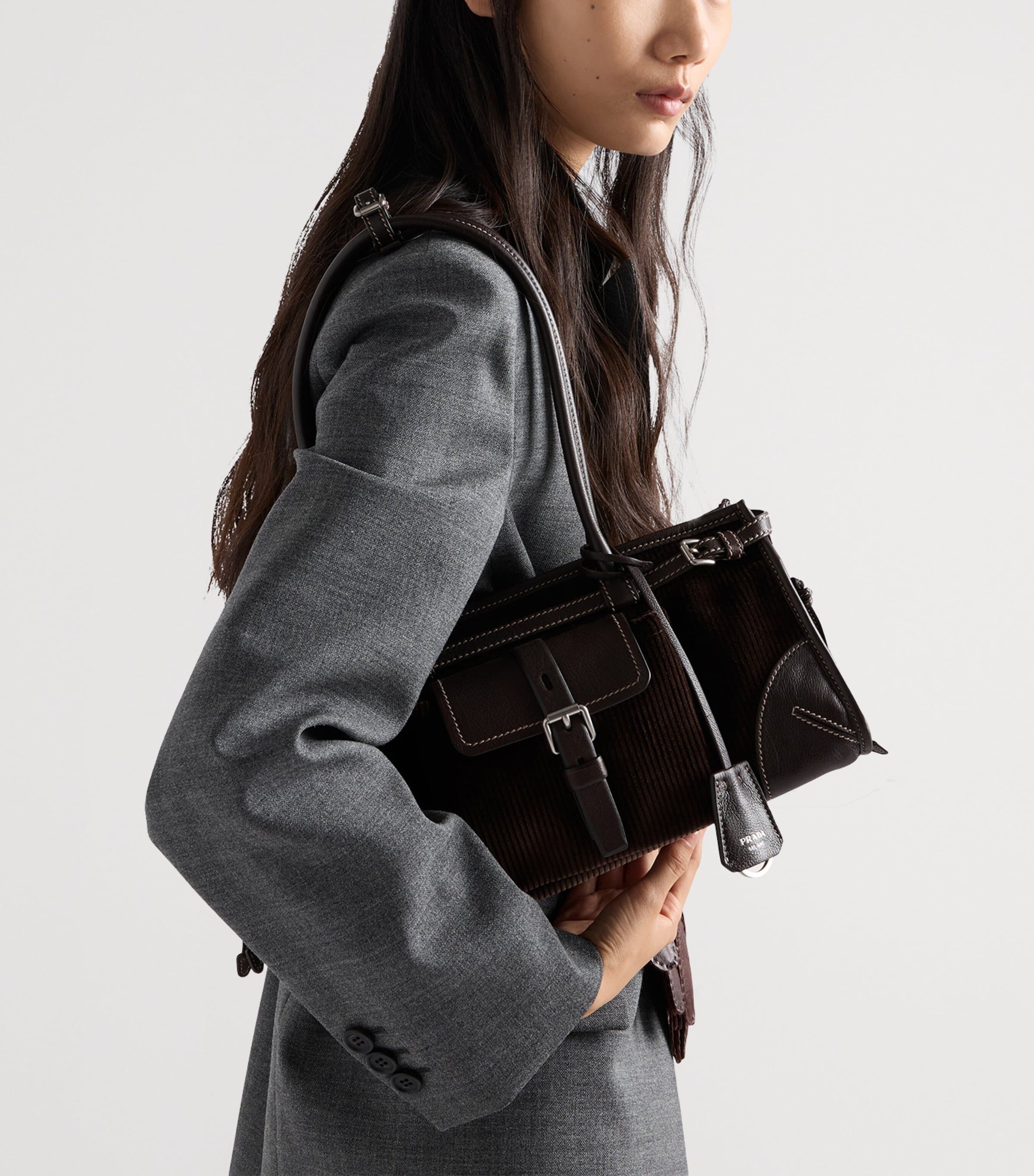 Prada Womens Medium Bonnie Corduroy and Leather Top-Handle Bag Brown Image 2