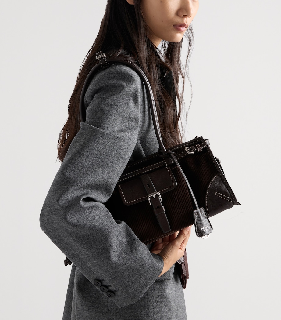 Prada Womens Medium Bonnie Corduroy and Leather Top-Handle Bag Brown Image 2