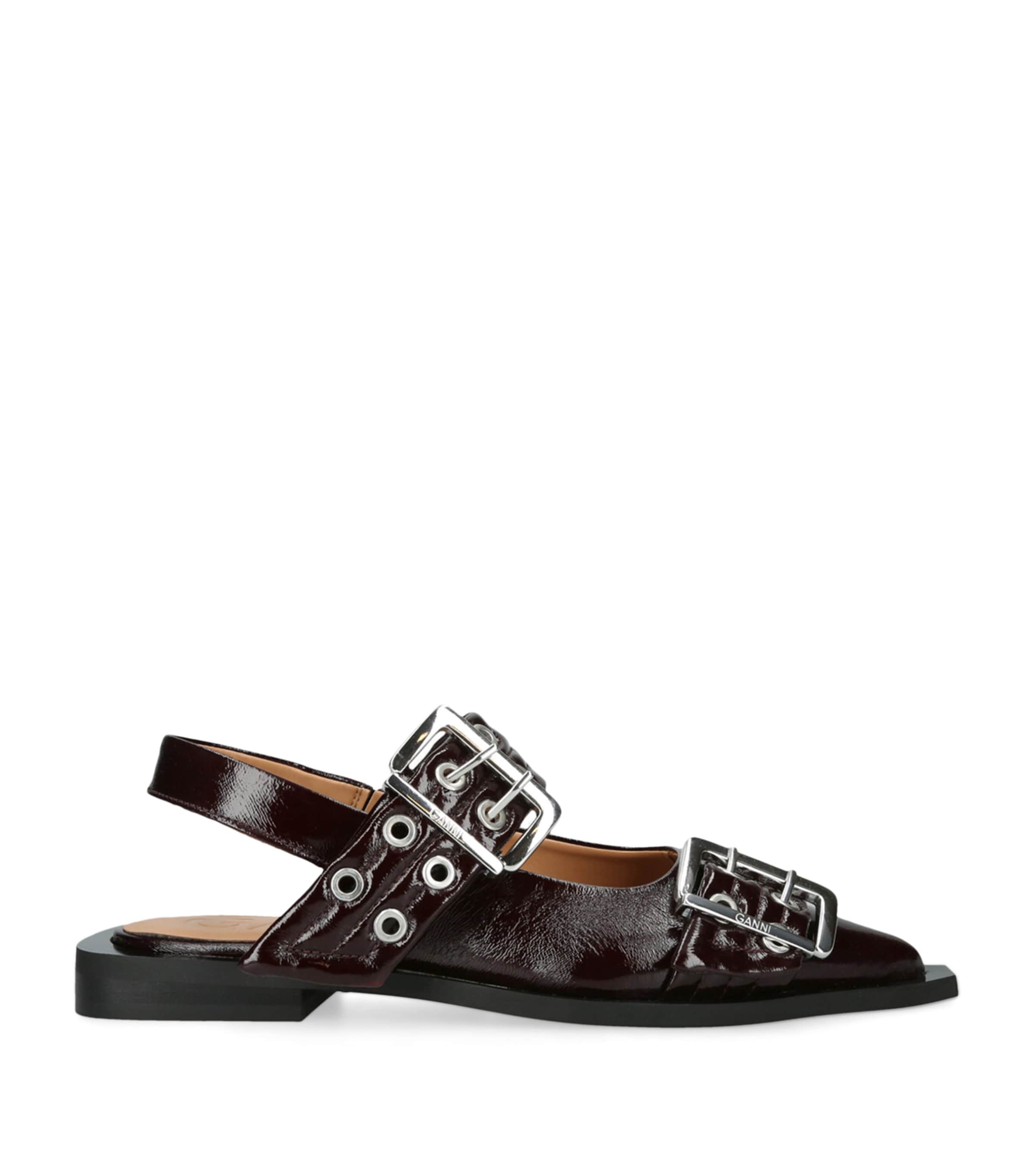 Ganni Buckle Ballerina Patent Faux Leather Slingback Flats