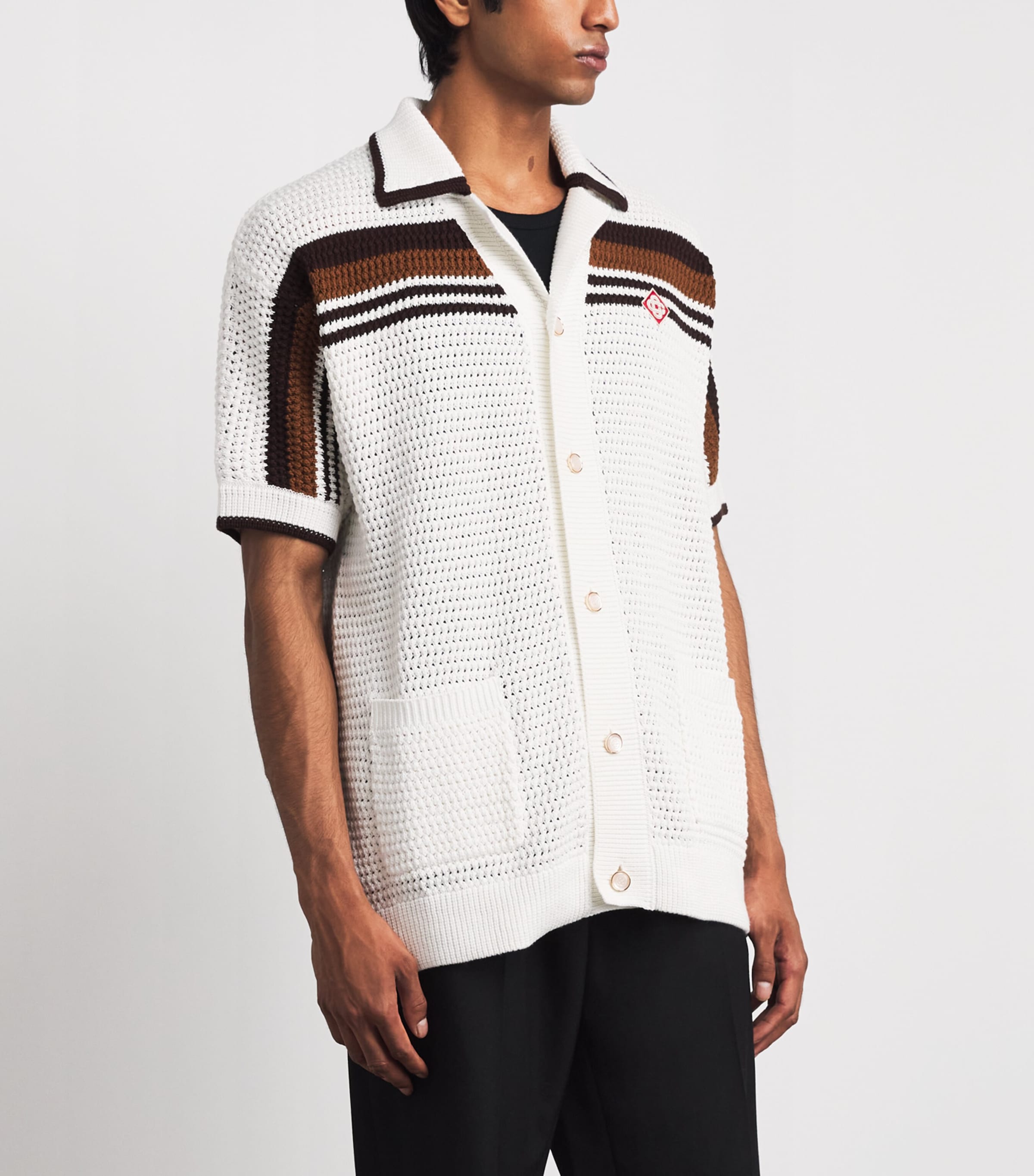 Casablanca Mens Cotton Crochet Tennis Stripe Polo Shirt White / Brown Image 4