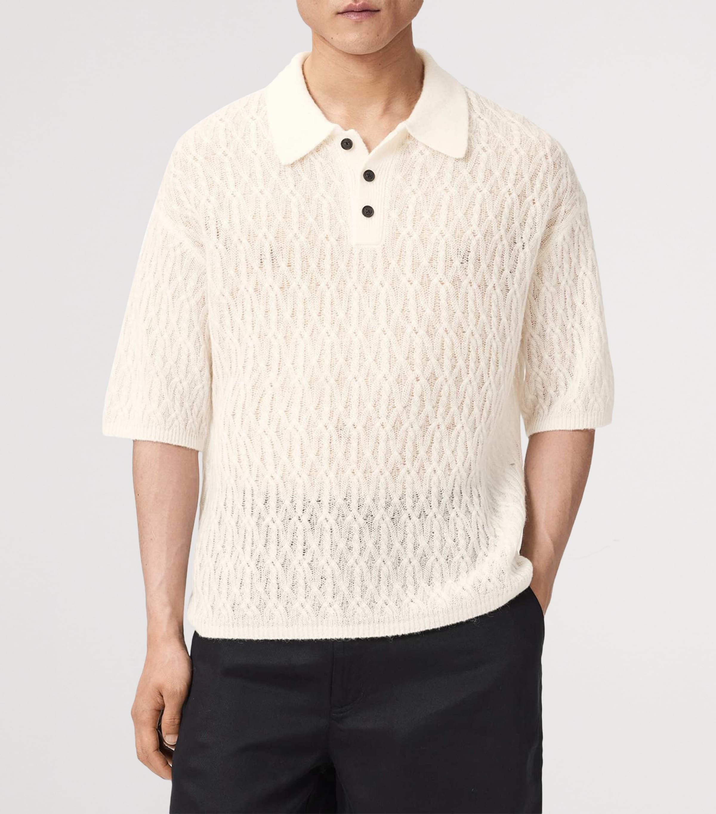 AllSaints Mens Wool-Blend Cyclone Polo Shirt Ecru White Image 3