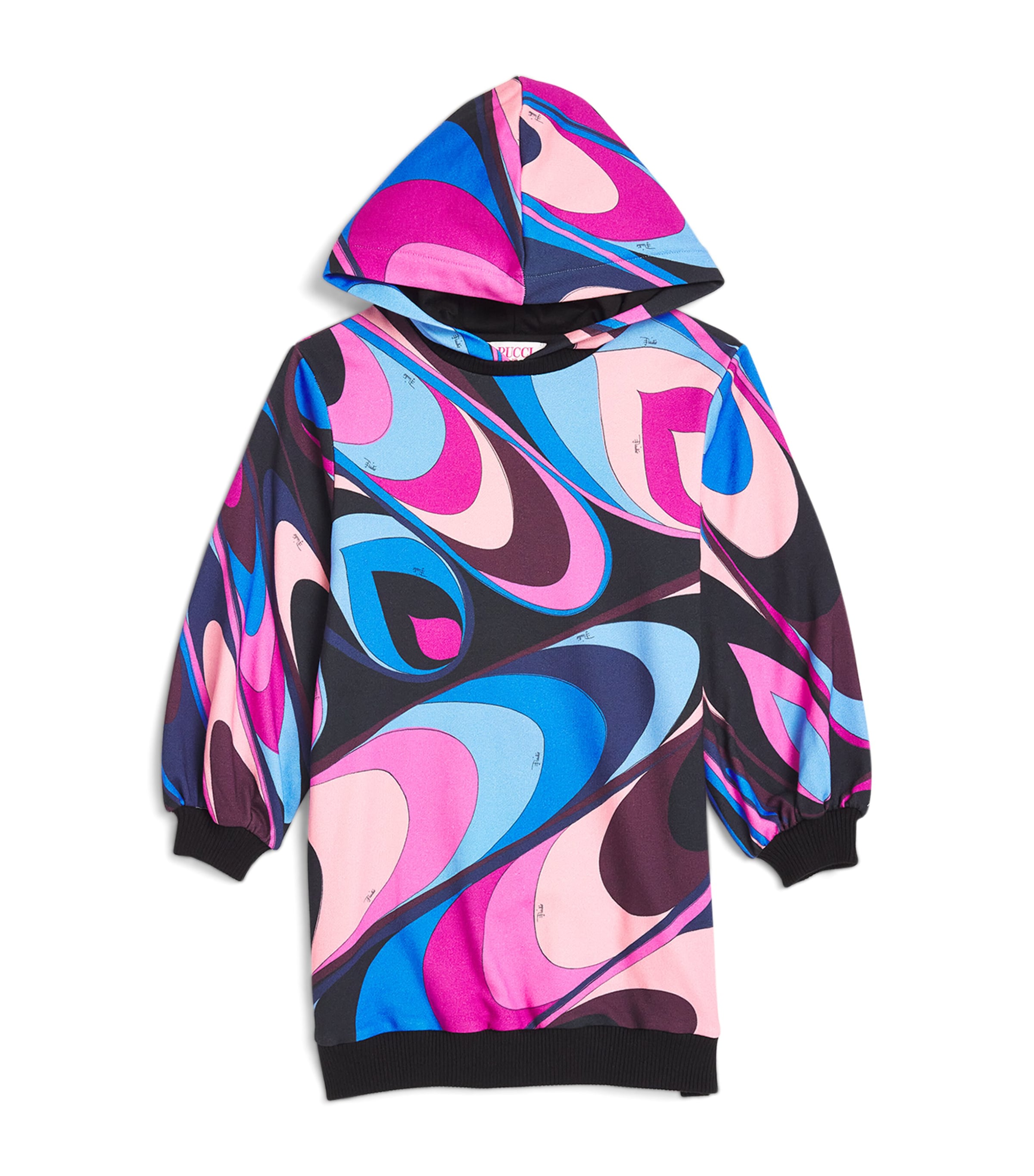 Pucci Junior Kids' Cotton Marmo Print Hooded Dress In Black