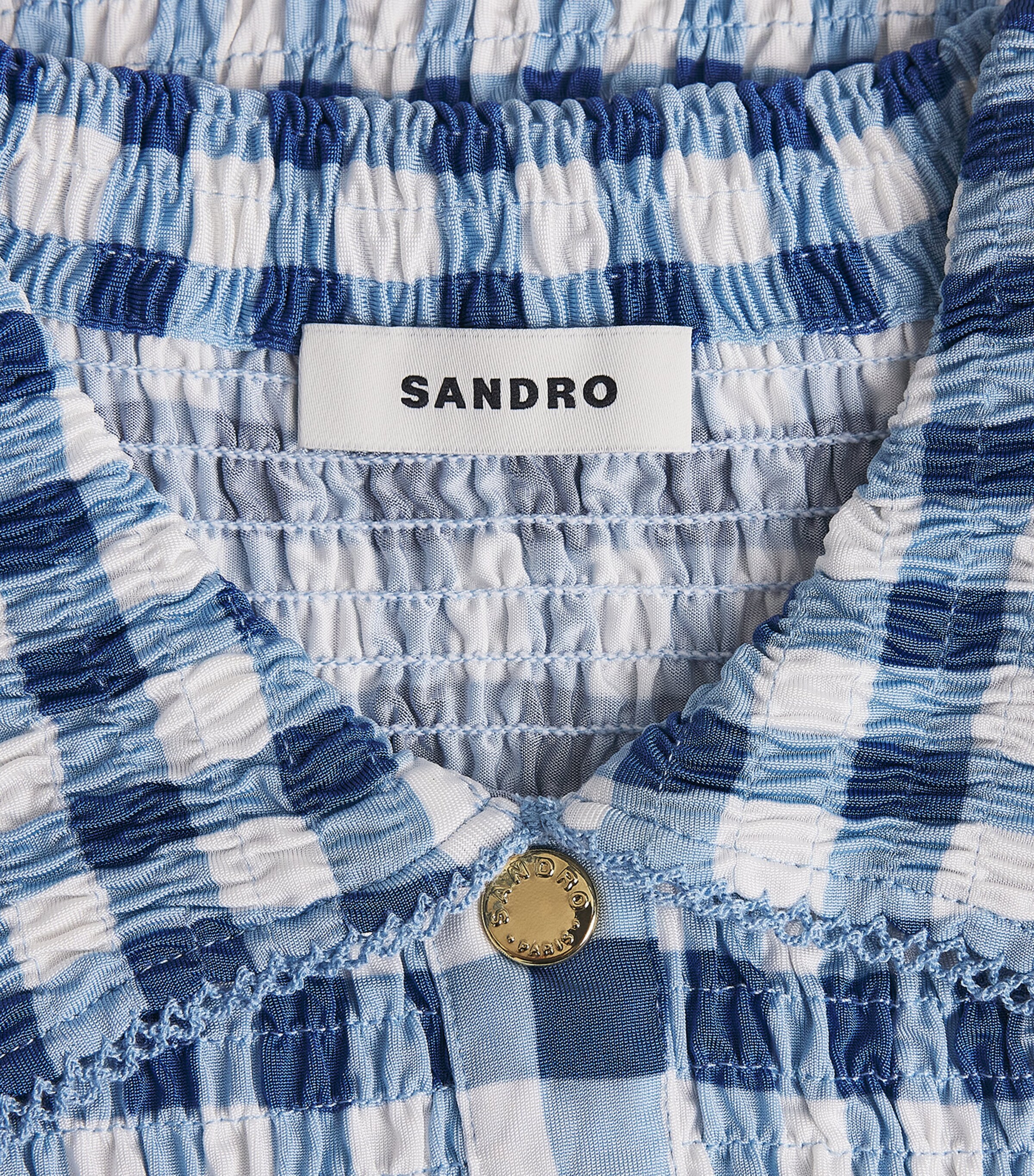 Sandro Paris Womens Gingham Smocked Top Blu / White Image 6