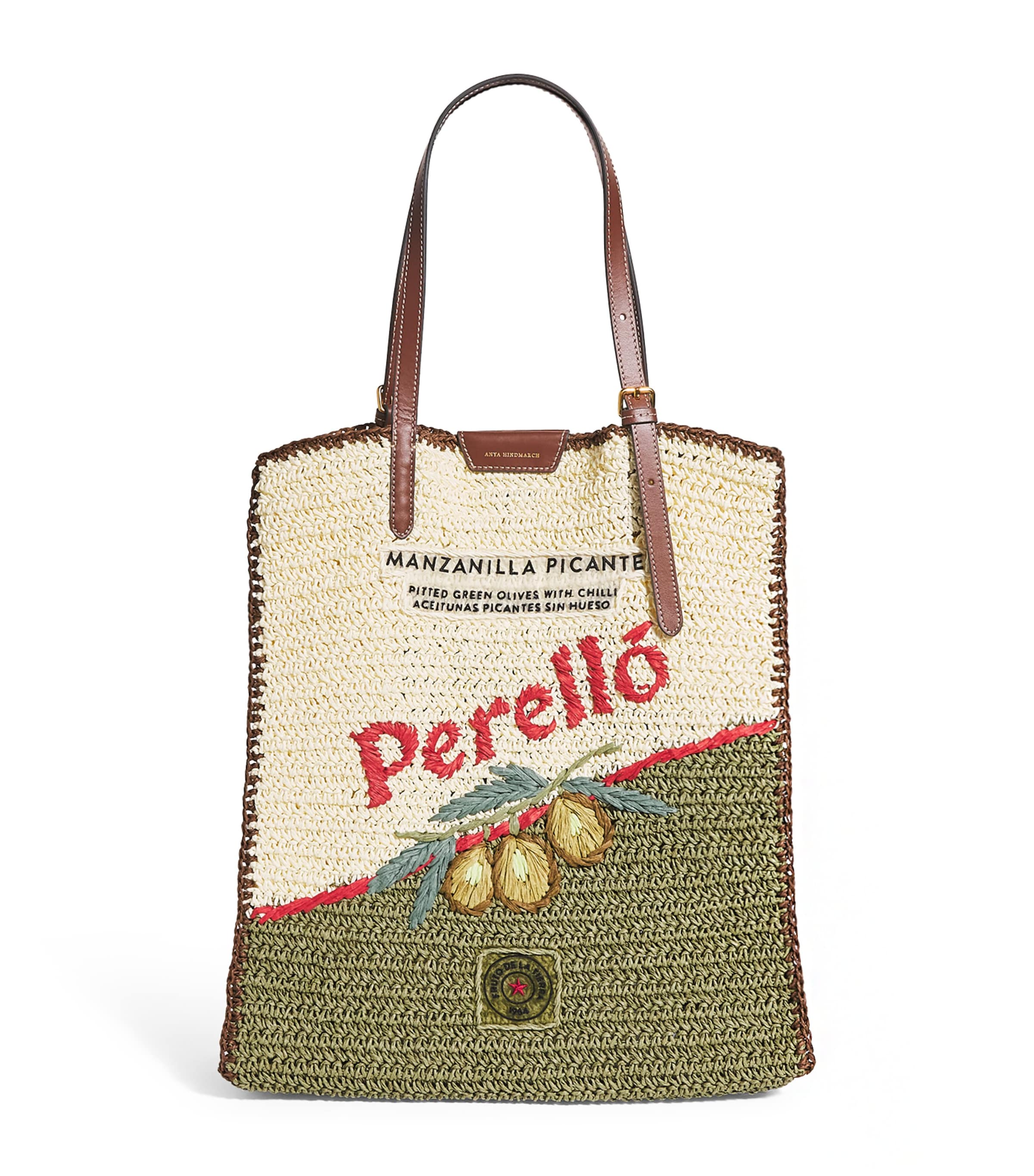 Anya Hindmarch Large Leather-Raffia Olives Tote Bag Chalk Paper Raffia Image 1