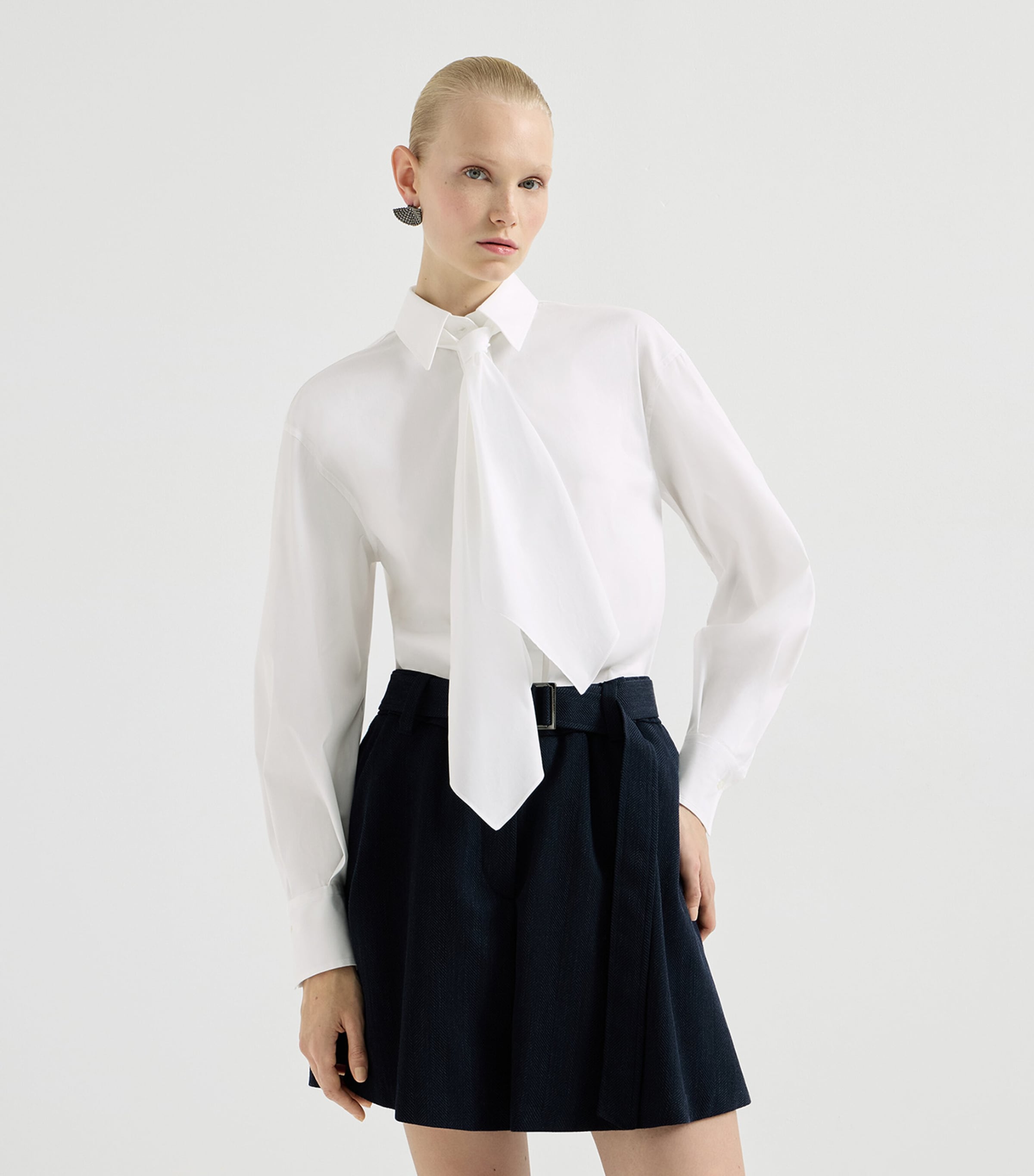 Brunello Cucinelli Womens Cotton-Blend Tie-Detail Shirt Image 3