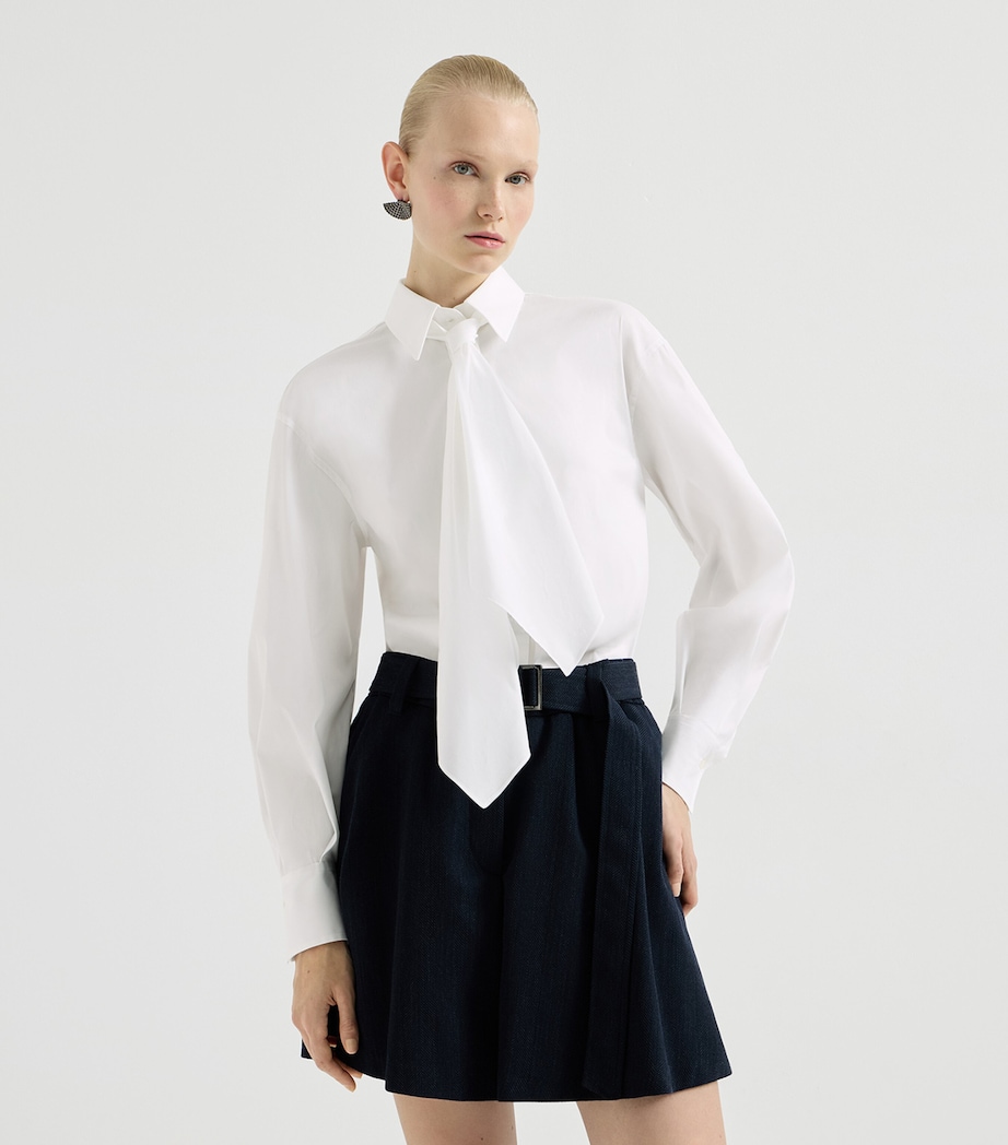 Brunello Cucinelli Womens Cotton-Blend Tie-Detail Shirt Image 3