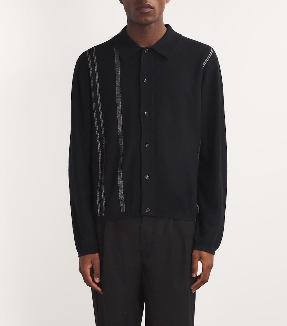 Cotton-Cashmere Yarn Stripe Cardigan BLACK Image 3