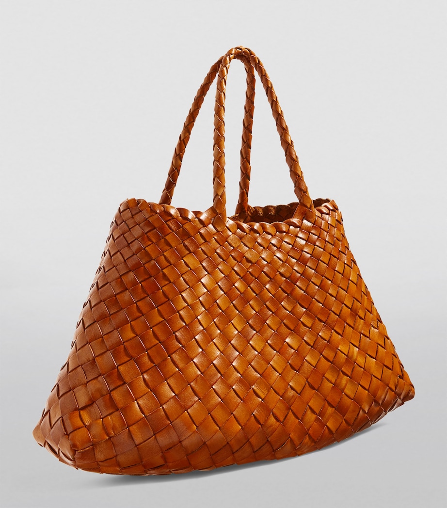 Small Leather Woven Santa Croce Tote Bag TAN Image 2