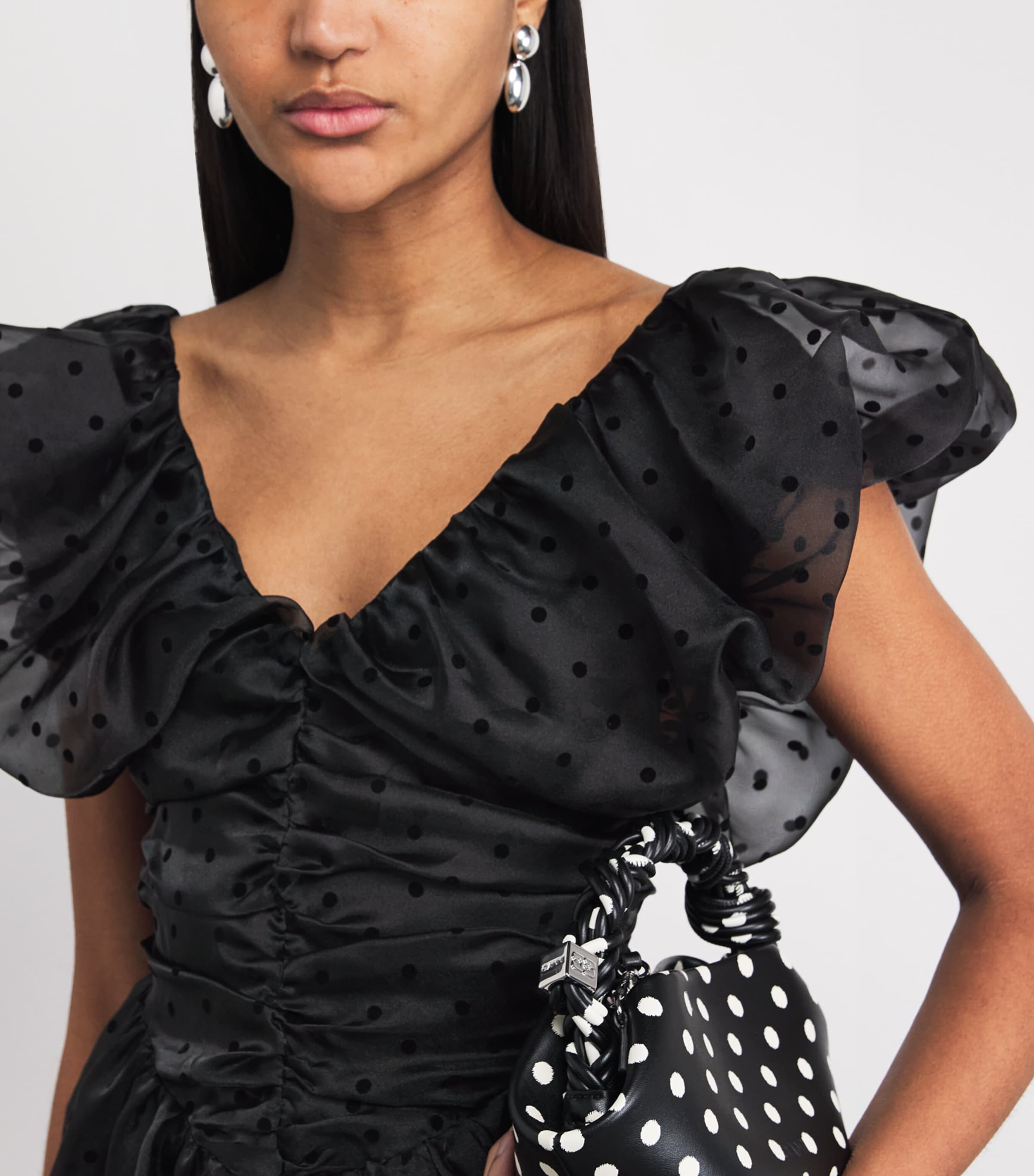 GANNI Womens Organza Polka Dot Midi Dress Black Image 3