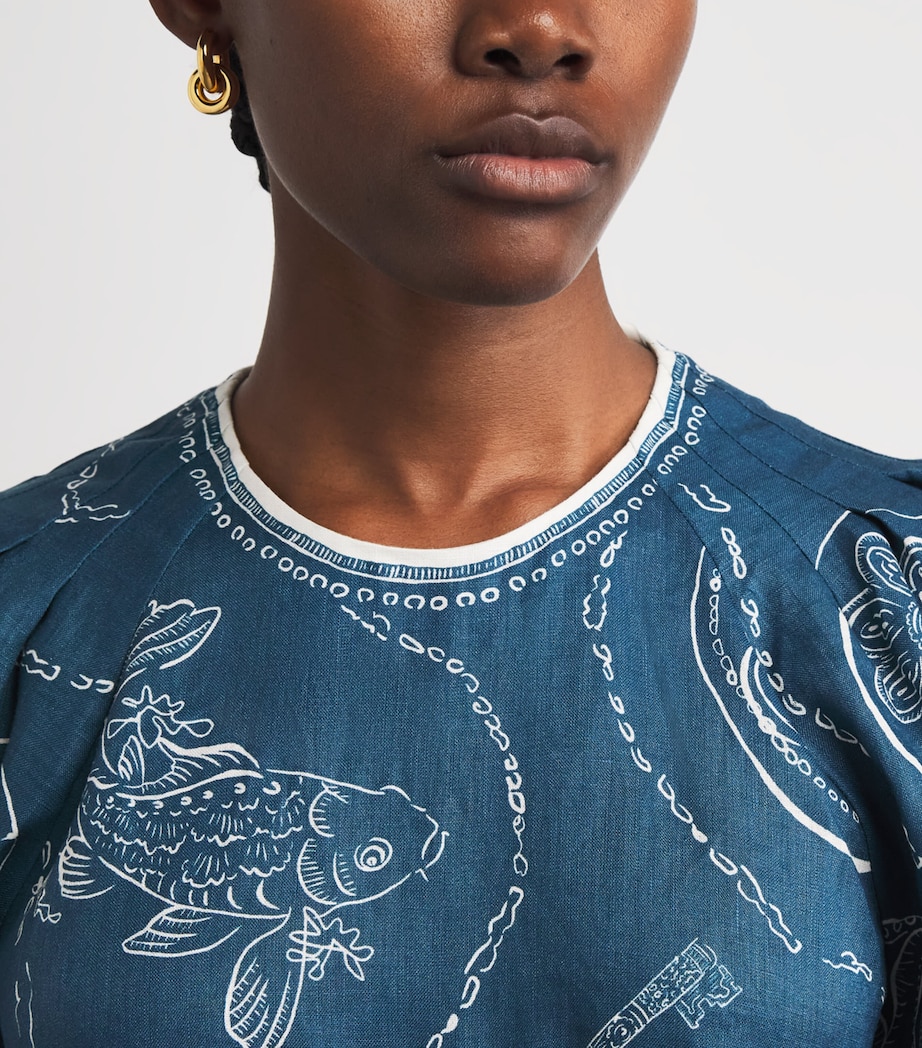 ALEMAIS Womens Linen Printed Lucky Midi Dress Blue Image 3