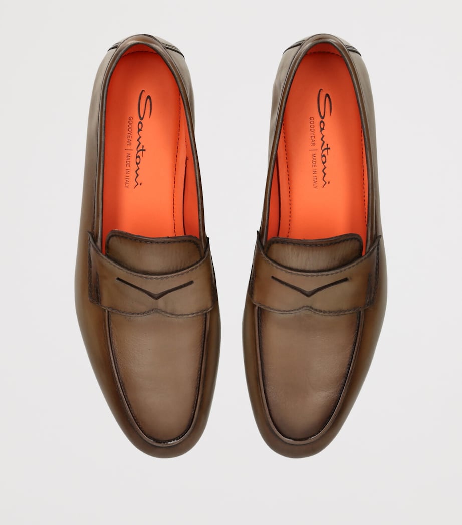 Santoni Leather Carlos Penny Loafers Beige Image 4