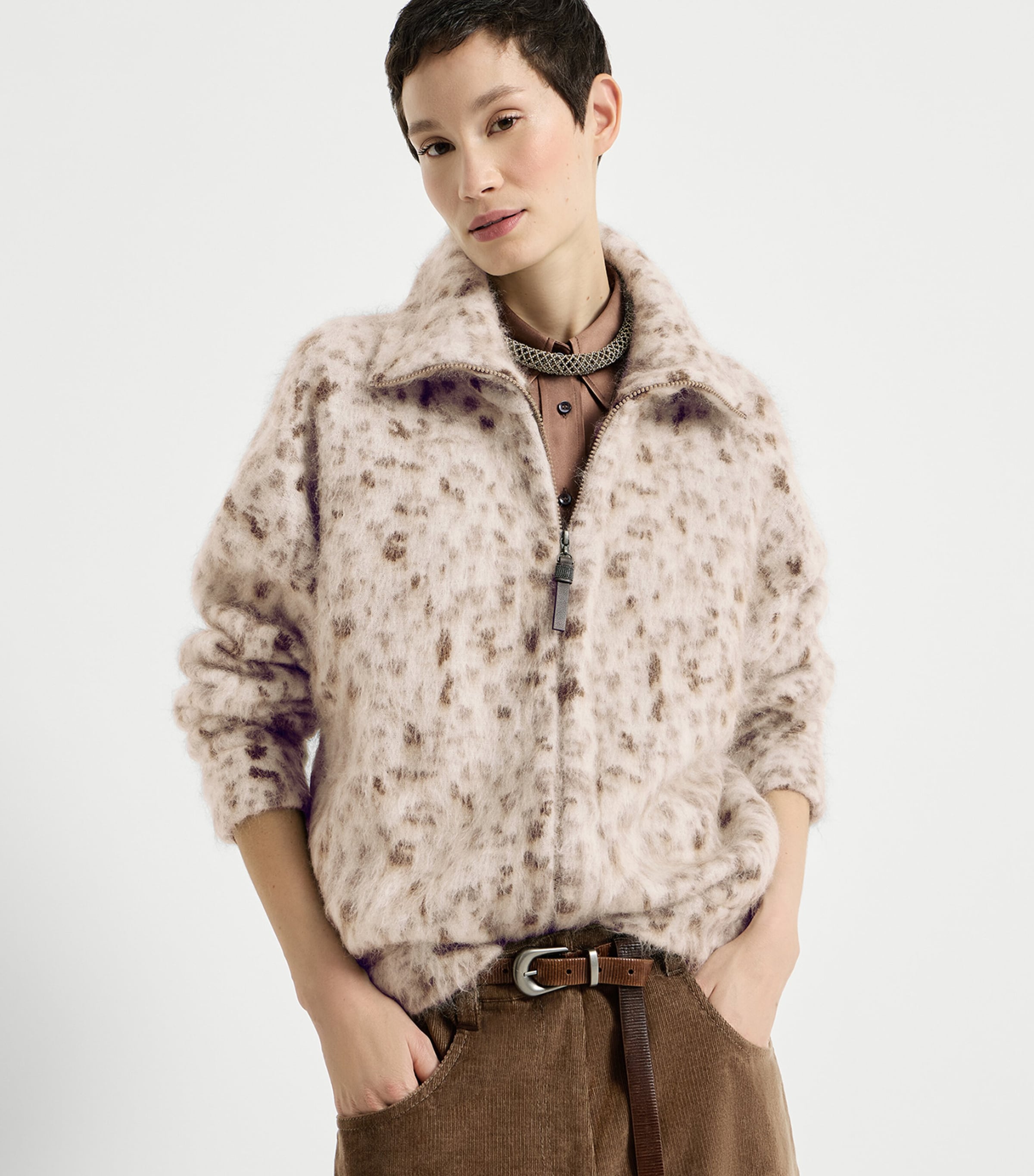 Brunello Cucinelli Womens Mohair-Blend Zip-Up Cardigan White+brown Image 2