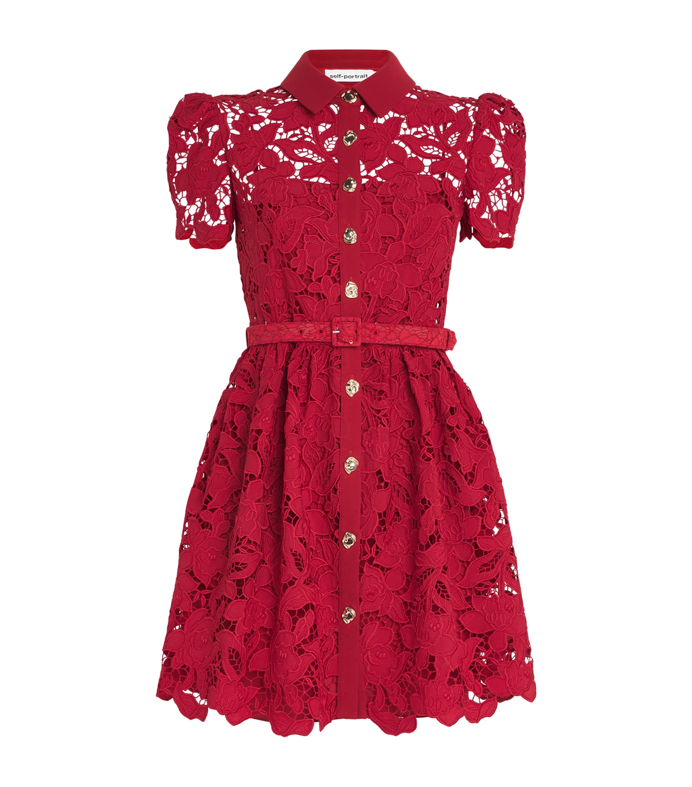 Self-portrait Womens Embroidered Collared Lace Mini Dress Burgundy In Red