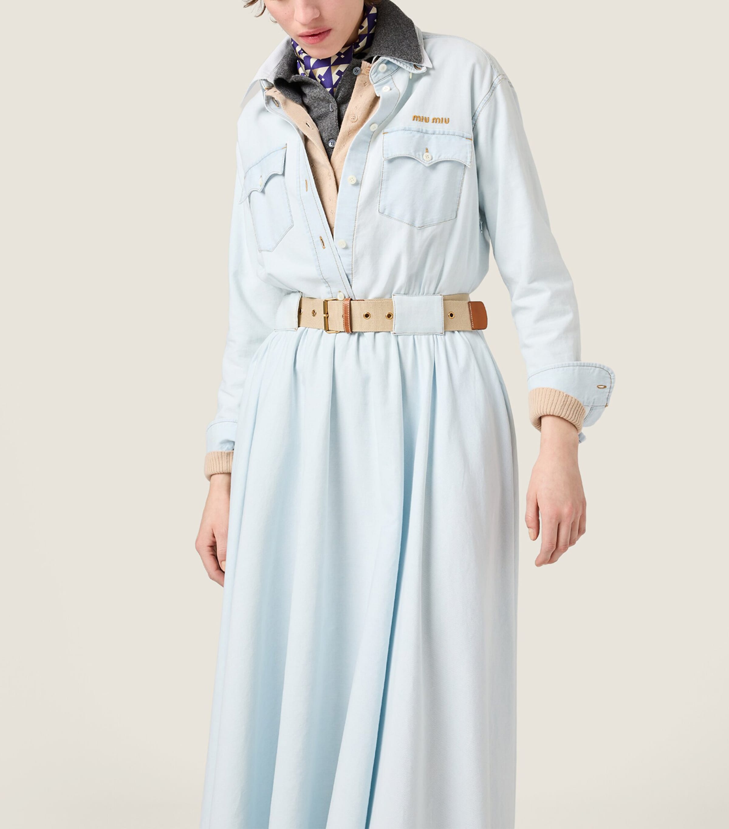 Miu Miu Womens Chambray Belted Midi Dress Image 5