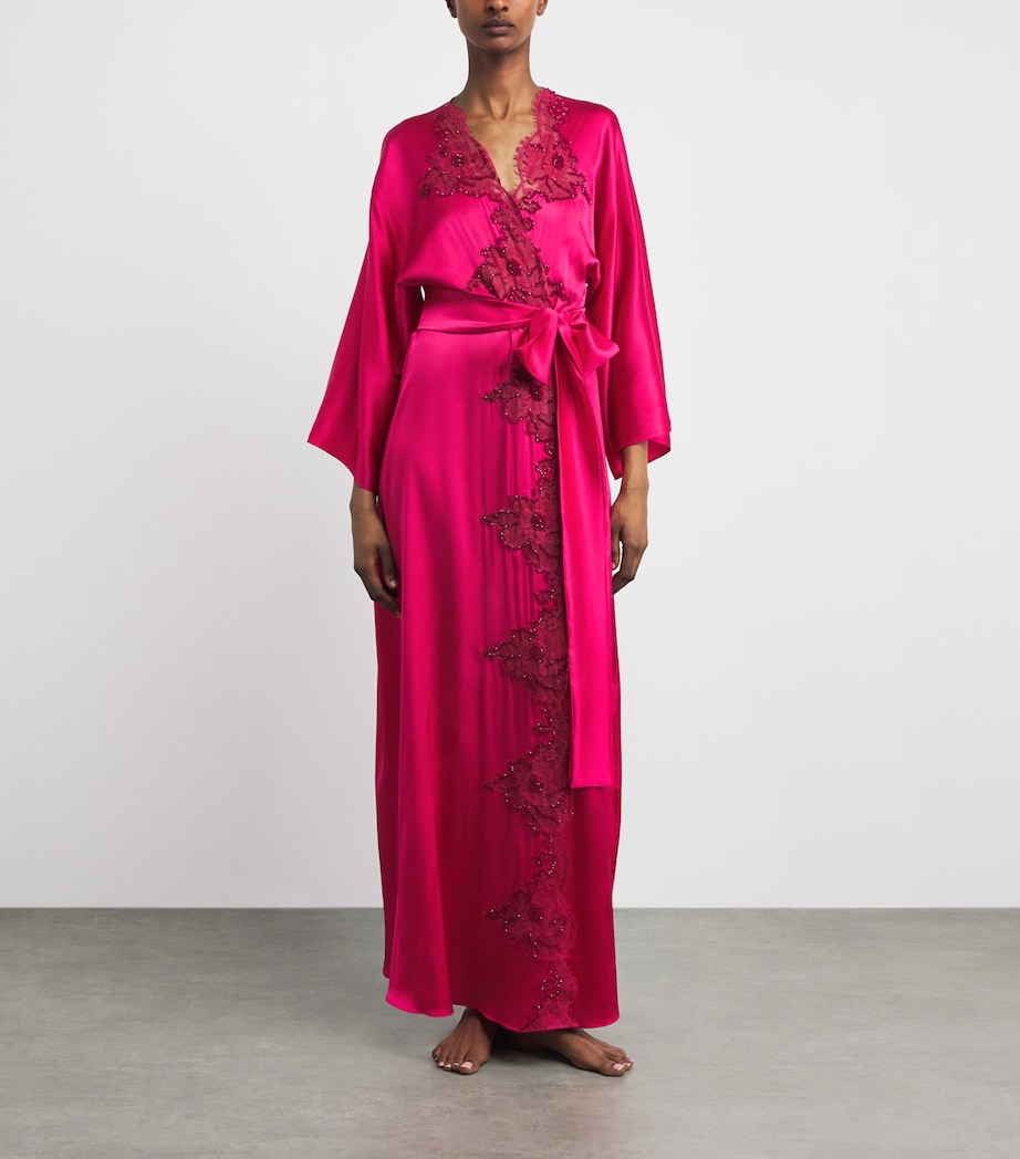 Rosamosario Womens Silk Embellished Robe Cherry Red Image 2