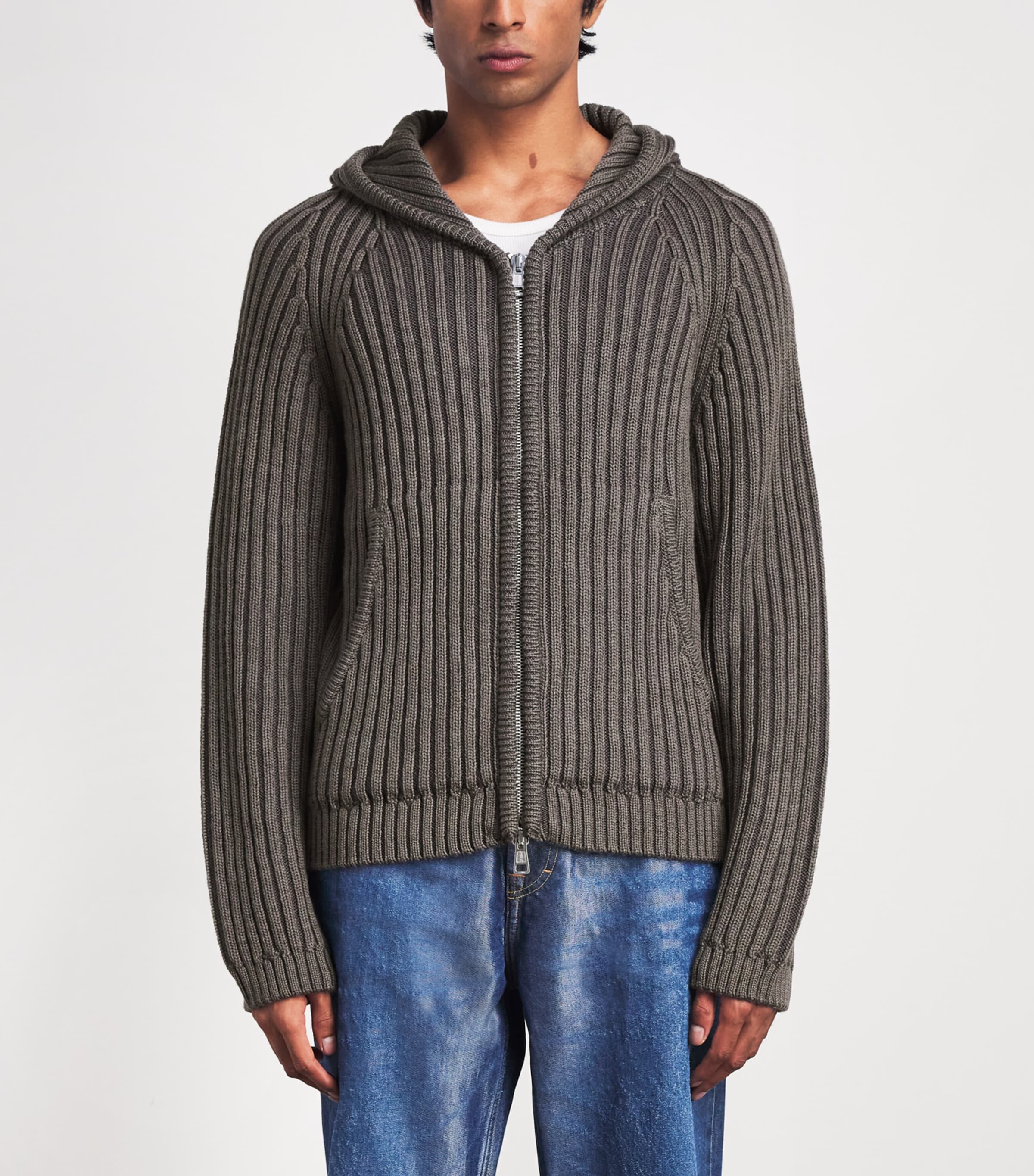 Our Legacy Mens Merino Wool Zip-Up Cardigan Sage Strp Drymrno Wl Image 4