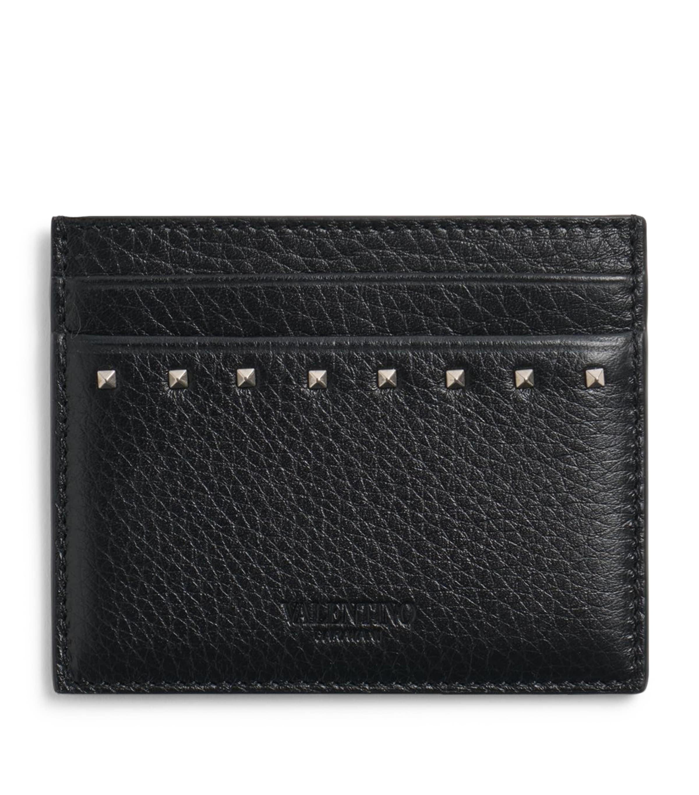 Valentino Garavani Leather Card Holder With Textured Finish And Studded Design In Black