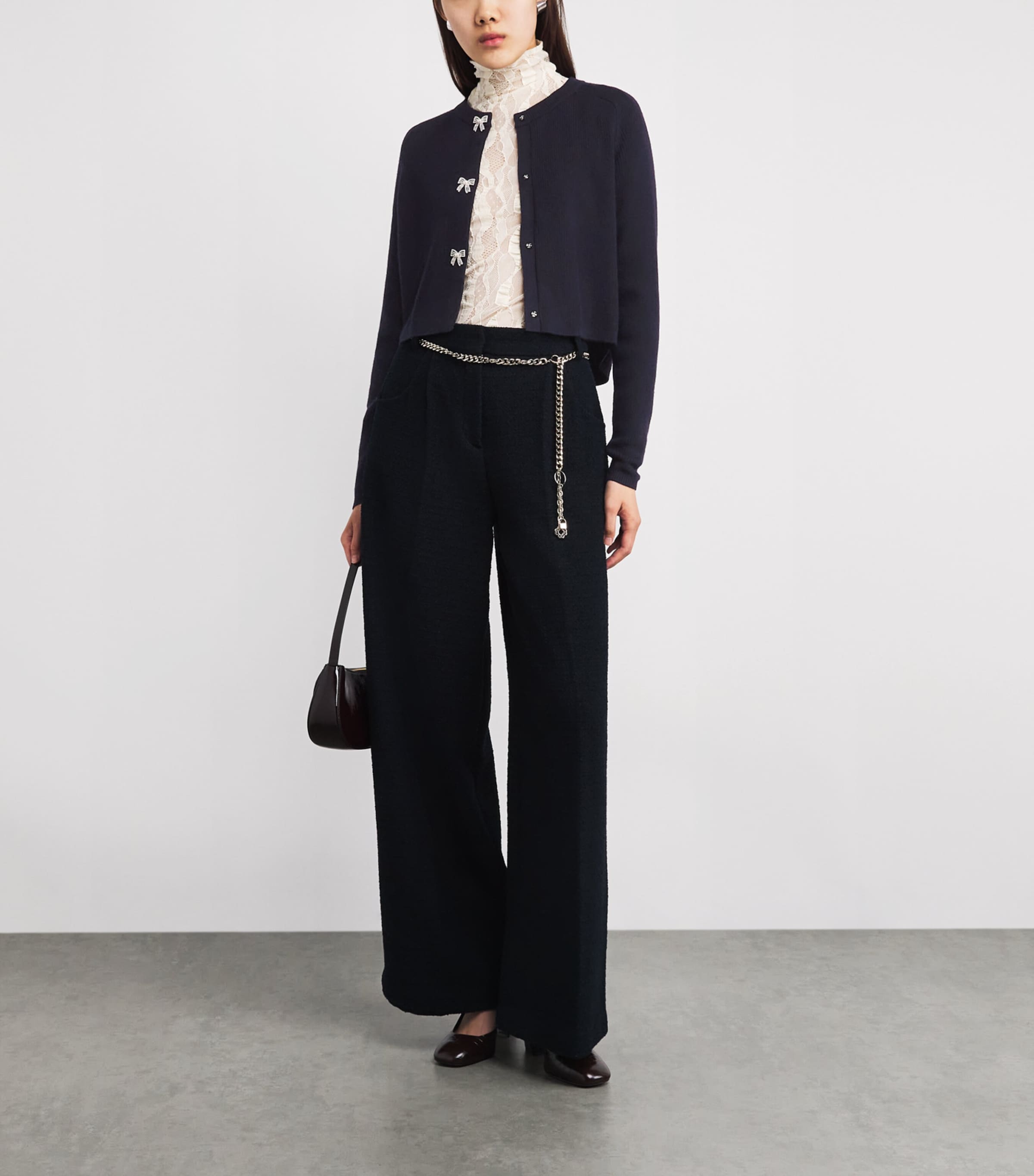 Wool Rib-Knit Bow Cardigan NAVY Image 2