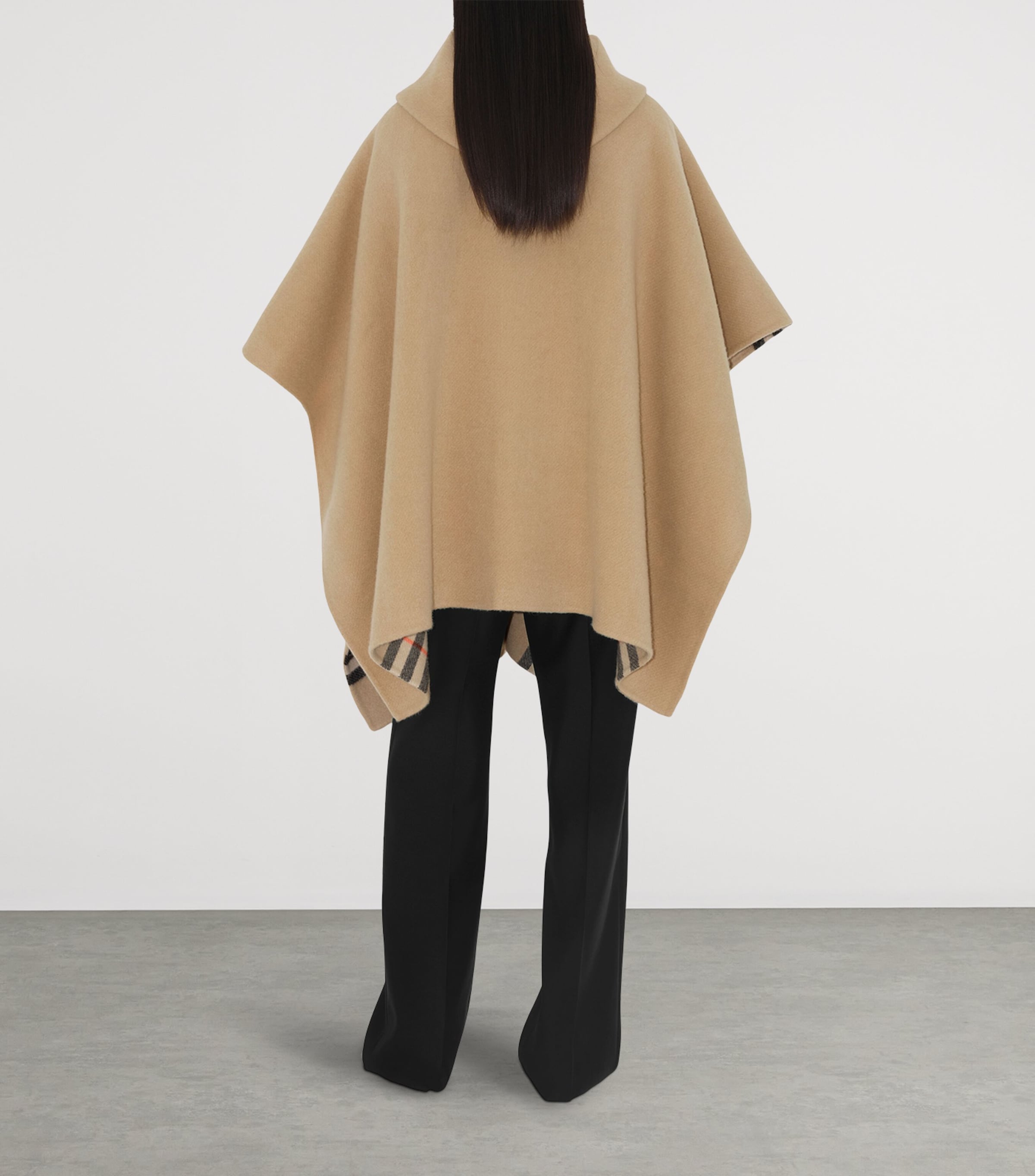 Cashmere Reversible Check Hooded Cape SAND Image 4