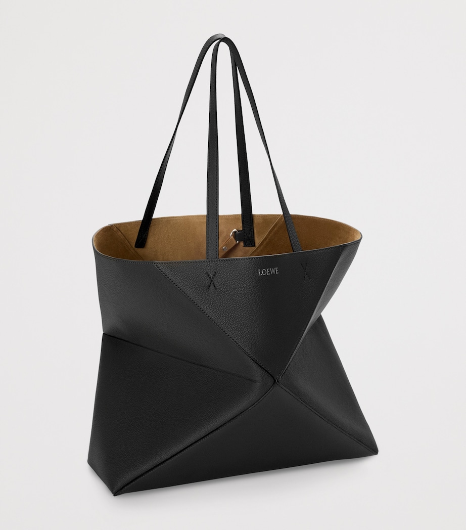 Large Leather Puzzle Fold Tote Bag BLACK Image 2