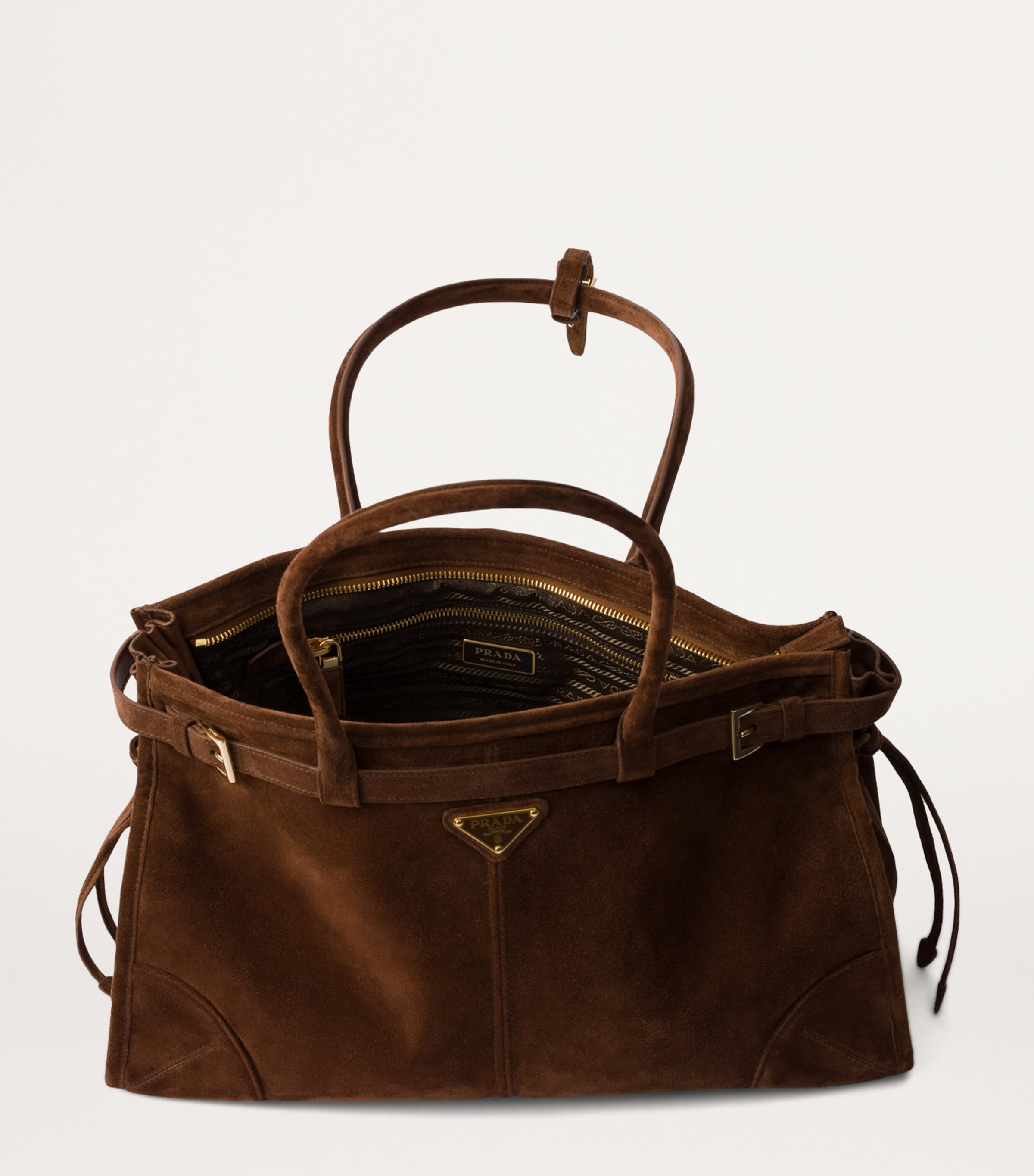 Prada Large Suede Buckled Bonnie Tote Bag | Harrods UK