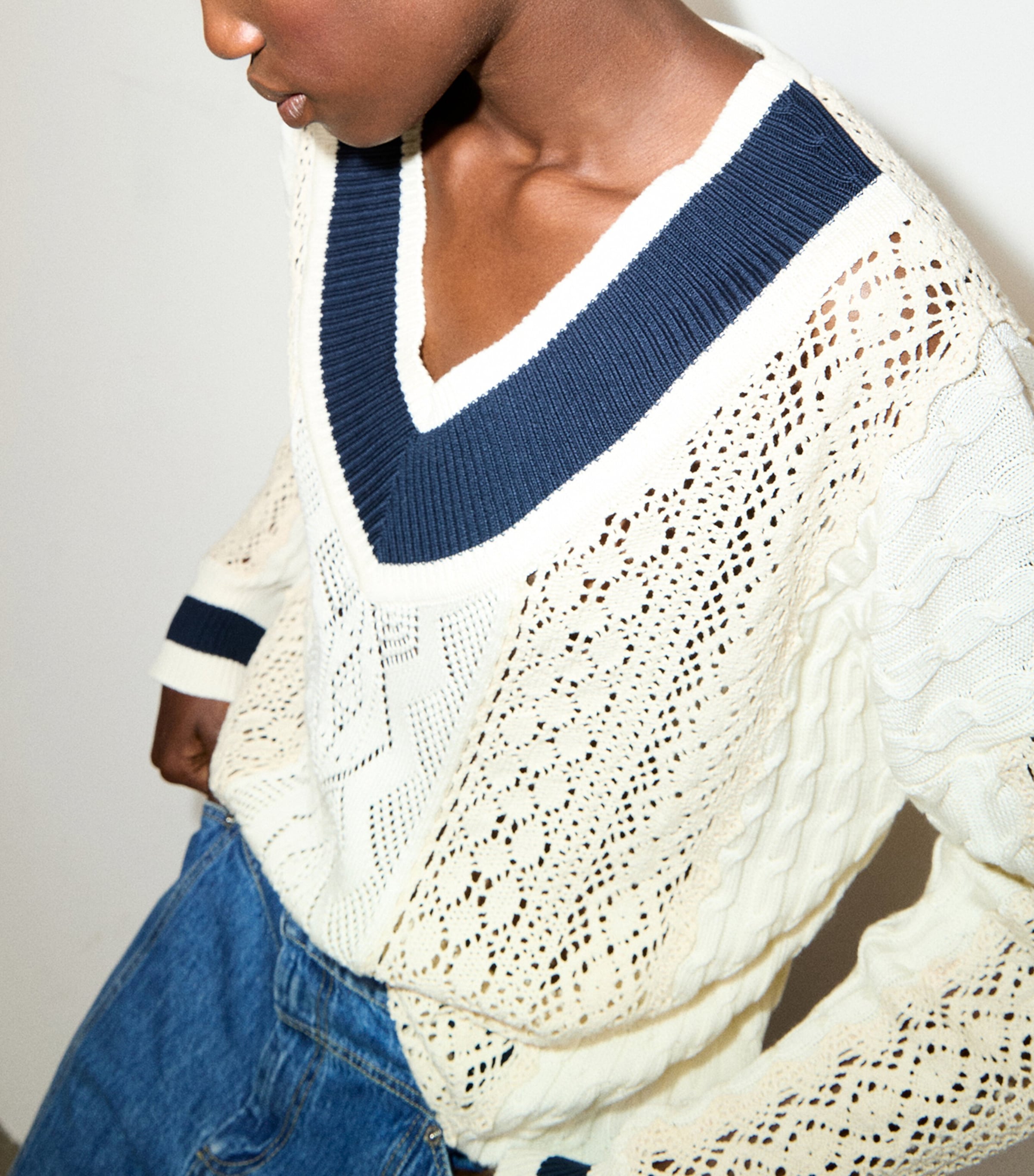 MAX&Co. Womens Cotton Crochet V-Neck Sweater Milk Image 5