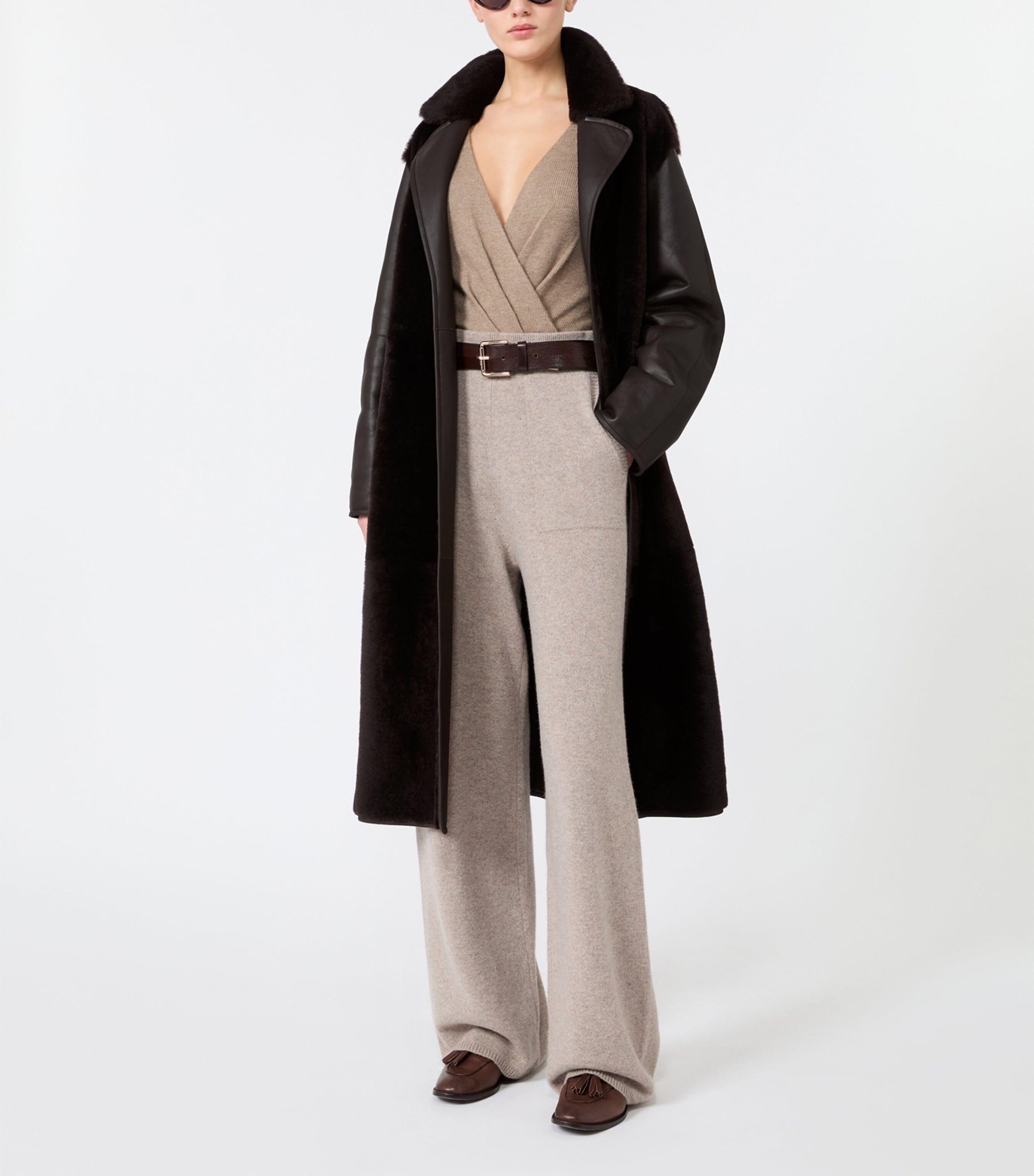 Max Mara Womens Leather-Shearling Belted Longline Coat Dark Brown Image 6