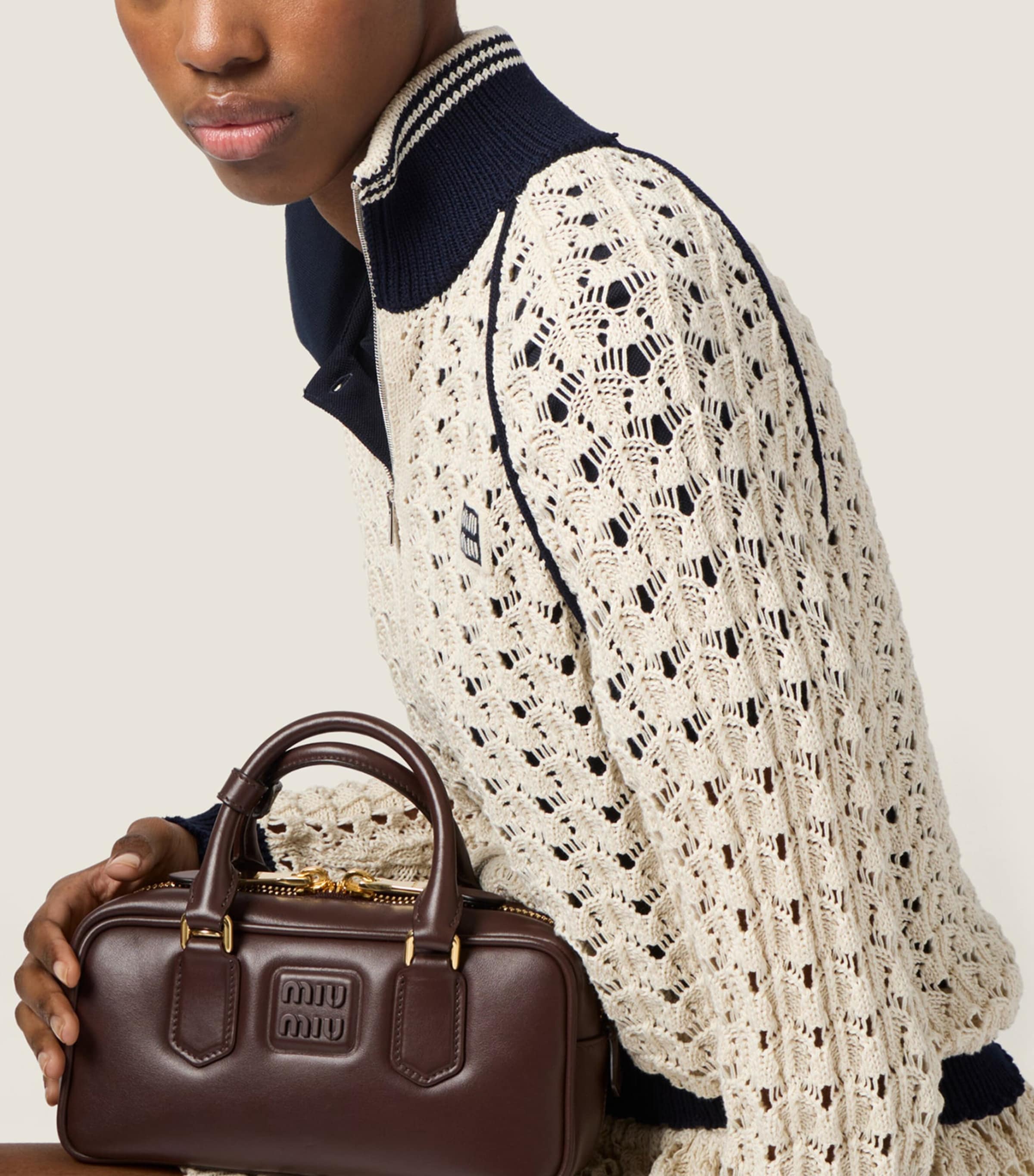 Miu Miu Womens Crochet Zip-Up Cardigan Neutral Image 4