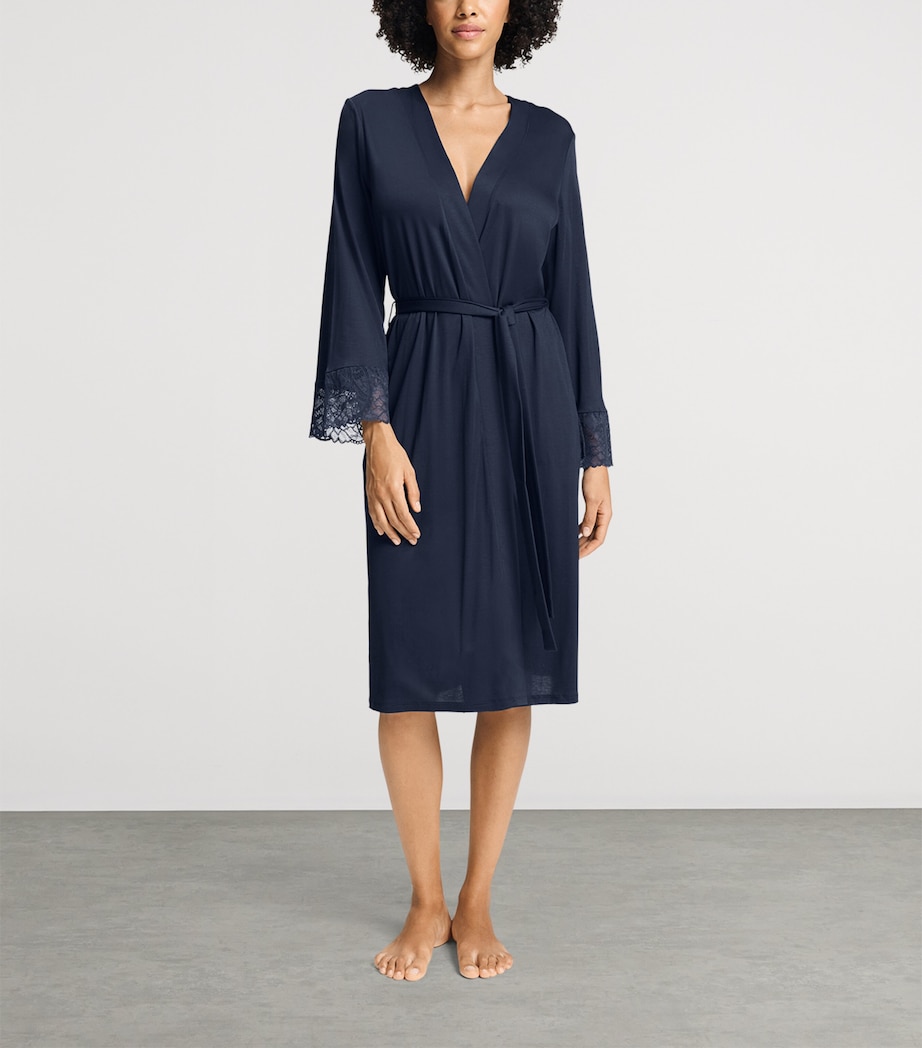 Hanro Womens Modal Lace-Trim Robe Deep Navy Image 2