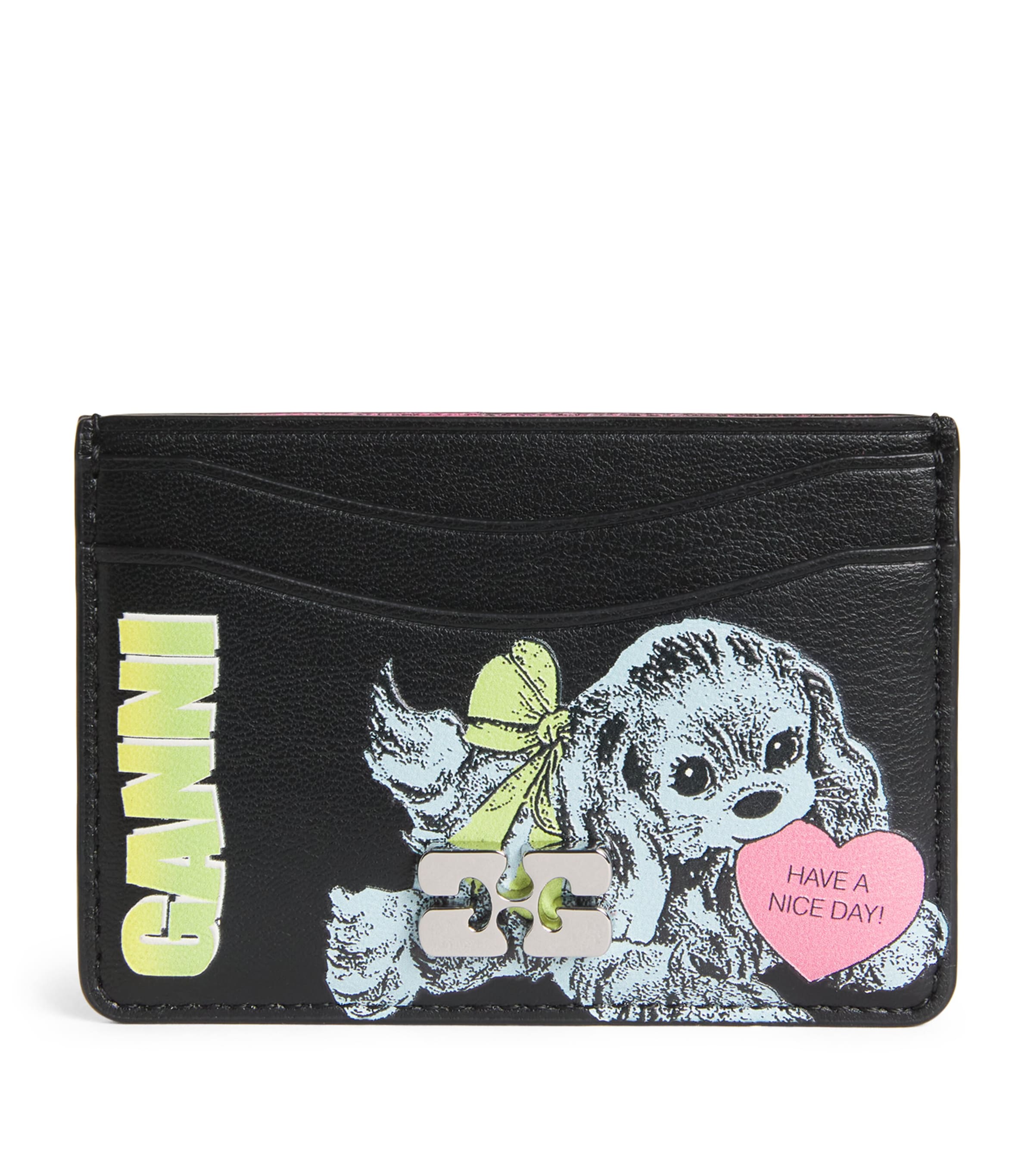 Ganni Dog Print Card Holder In Black